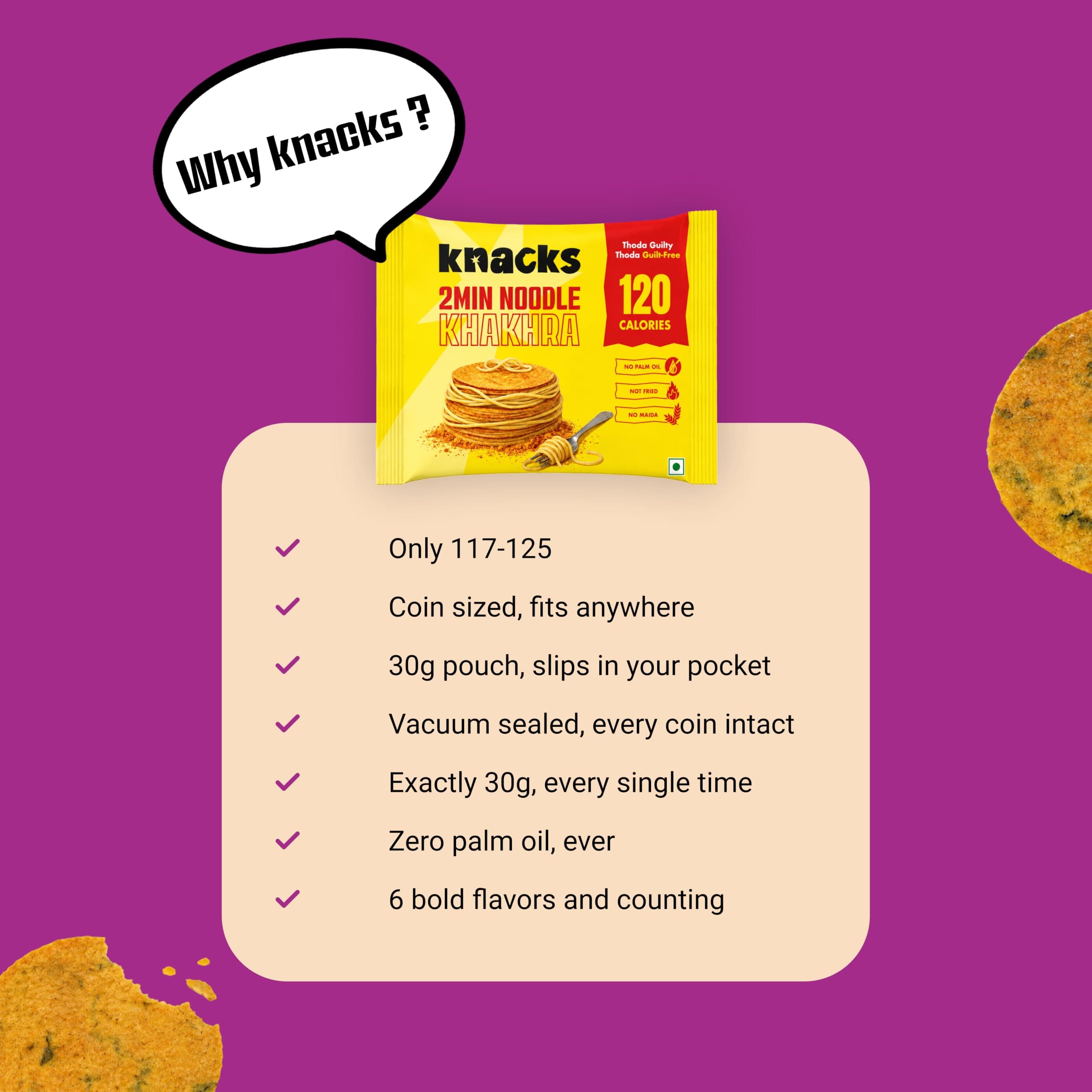 Knacks Masala Khakhra Pack | 2Min Noodle + Chilli Lemon Coin Khakhra, 6 x 30g | 119-120 Calories Per Pack | Healthy Snack Gift Box | No Palm Oil, No Maida, Not Fried | High Protein — image 5
