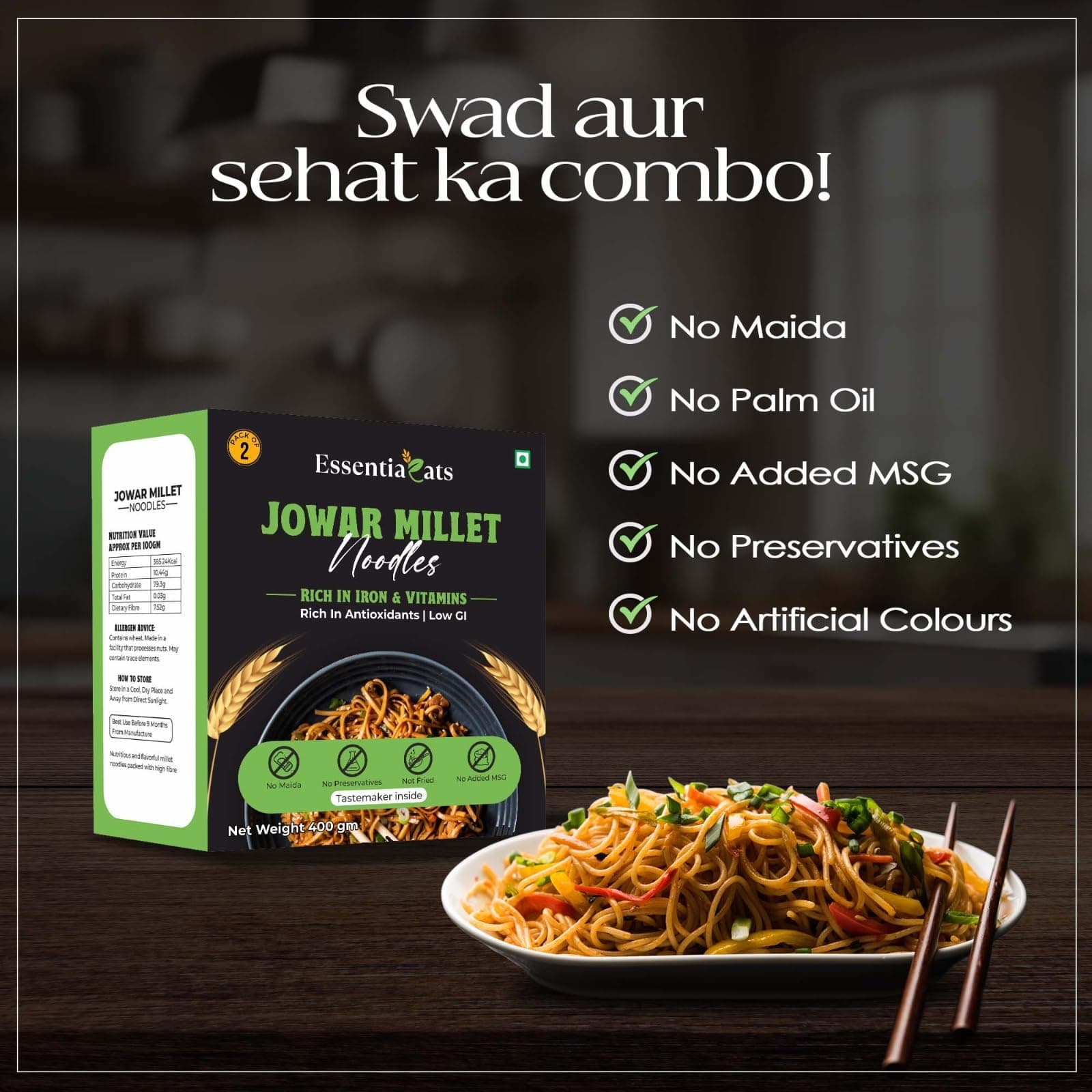 Essentiaeats Jowar Millet Noodles Includes Tastemaker 400g Pack of 2, No Maida Not Fried No Preservatives No MSG Healthy Hakka Noodles Ready to Cook — image 7
