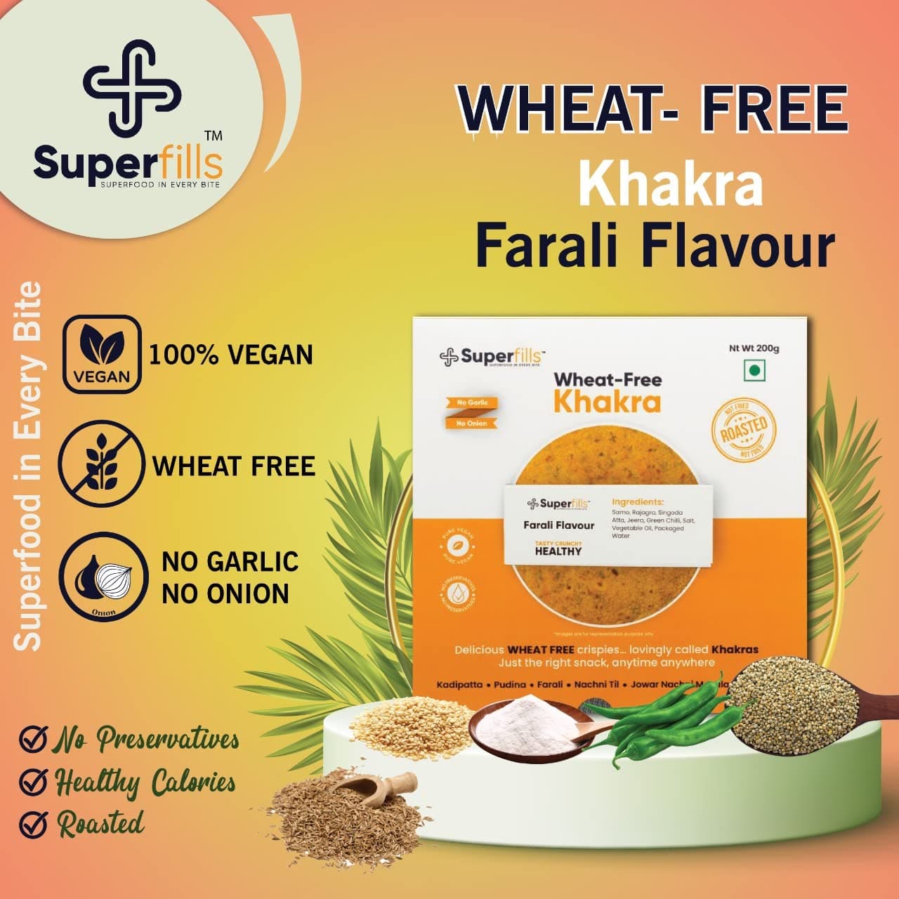 Superfills Wheat - Free Combo of 2 Farali+2 Pudina Flavour Khakra, Healthy Gujrati Crispy Indian Snacks | Ready to Eat | No Garlic & No Onion, 800 G — image 3