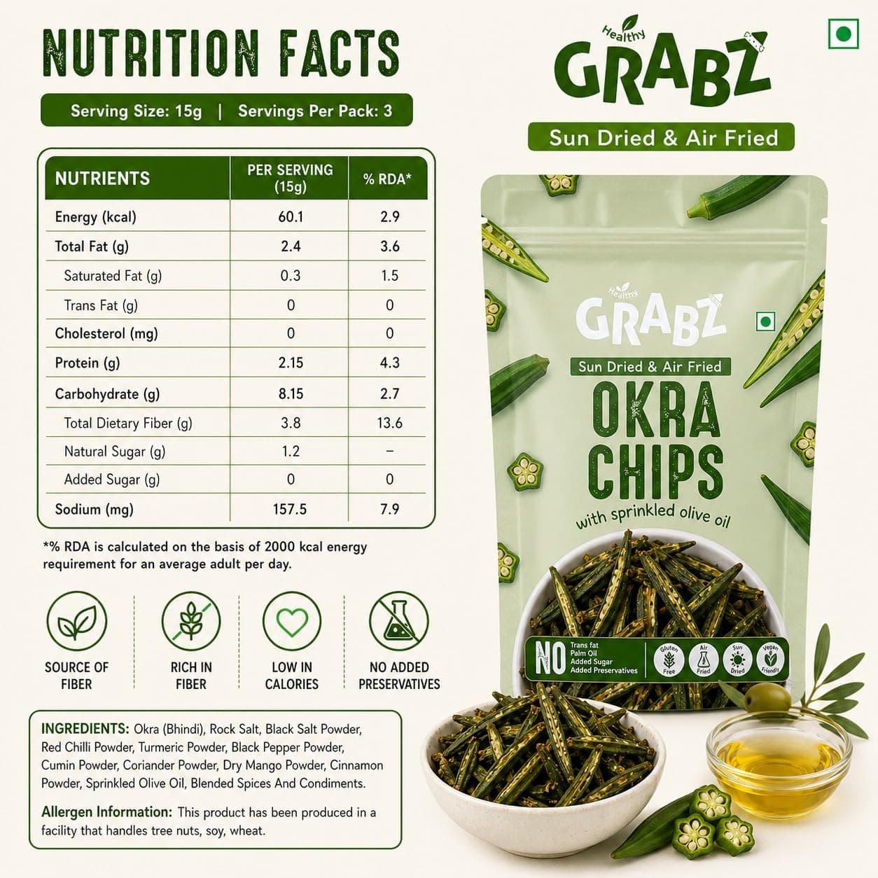 GRABZ Crispy Jain Bhindi Okra Chips without Onion ,Garlic | Air-Cooked, Solar-Dehydrated |No Palm Oil | No Maida | Zero Cholestrol, Gluten Free Vegan Snacks| Low Cholesterol | High Fiber |Olive Oil & Spicy Masala Flavor | 20g Each (Pack of 3) — image 3