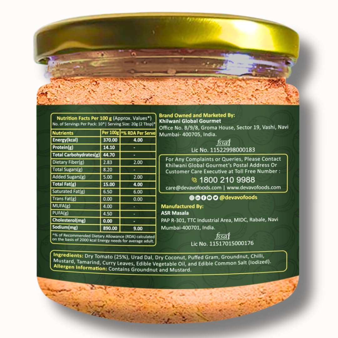 Devavo Tomato Coconut Chutney Powder | Just Add Water to Prepare | Authentic South Indian Recipe | No Onion & Garlic | No Artificial Colour & Flavour | No Preservatives (200 g) — image 7
