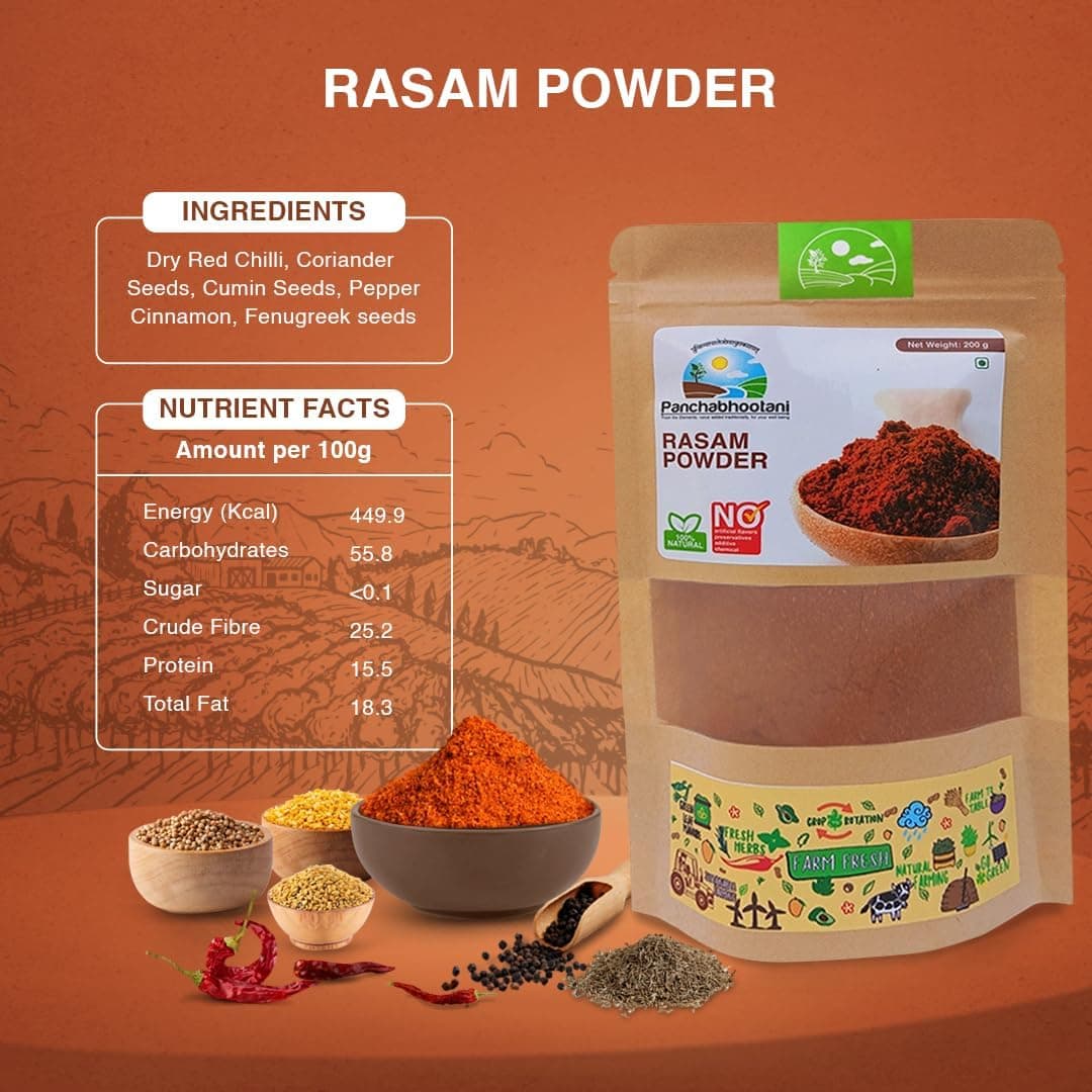 Panchabhootani Rasam Powder 100g | South Indian Authentic Flavour, Easy Digestion, Farm Fresh, Vegan Friendly, No Garlic, No Onion, 3 varieties of roasted dry red chilles, Rich Aroma, Mouth Watering (Small, 100.00, gram) — image 3