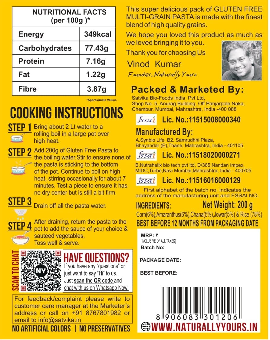 Naturally Yours Gluten Free Multigrain Pasta | Corn, Amaranth, Bengal Gram, Jowar & Rice | No Maida, Preservative Free, Vegan, No Onion No Garlic, Jain Friendly | High Fiber & Protein | 200g Pack of 2 — image 4
