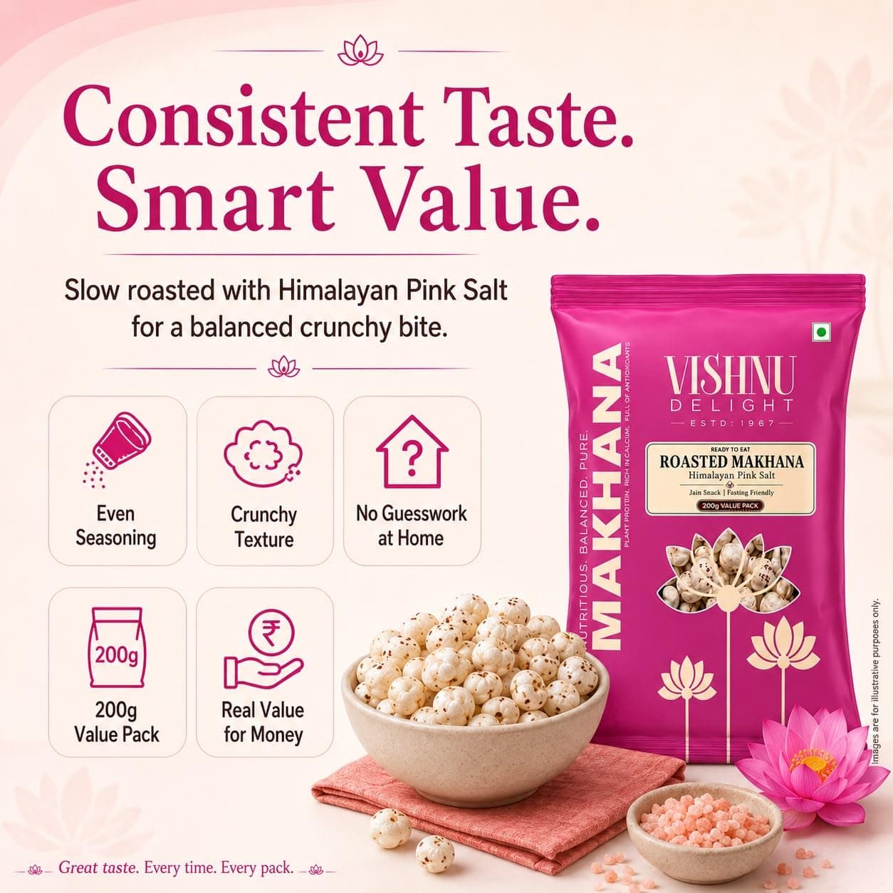Vishnu Delight Roasted Makhana, Himalayan Pink Salt | Light & Crunchy Roasted Foxnuts (Phool Makhana) | Roasted Not Fried, Jain Friendly, Ready To Eat Snack | 200gm (Pack of 1) — image 6