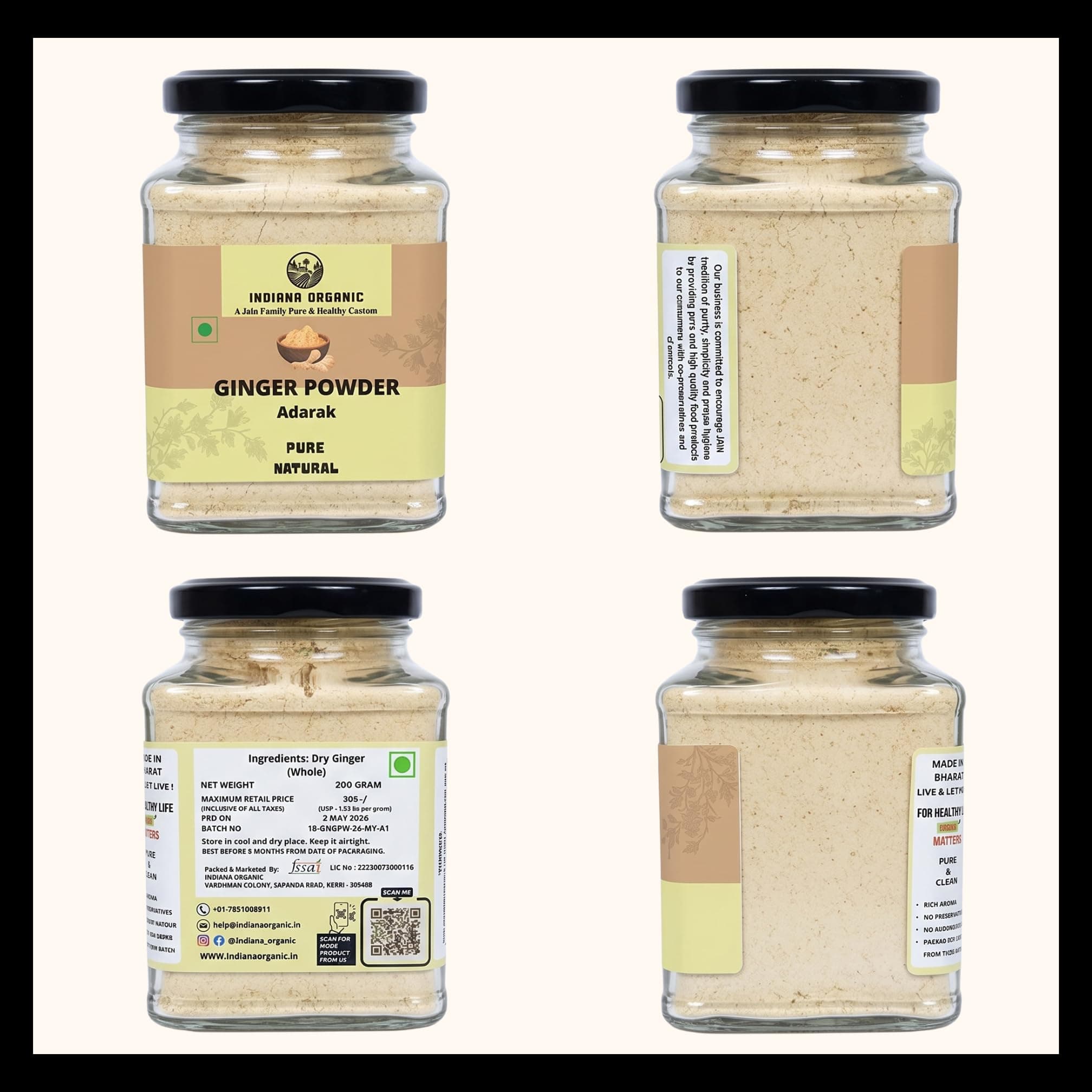 Indiana Organic Pure Ginger Powder (Adarak) 200g | Manually Cleaned Dry Ginger Sonth Masala | Freshly Ground on Order | No Added Preservatives, No Onion No Garlic | Glass Jar Packaging — image 2