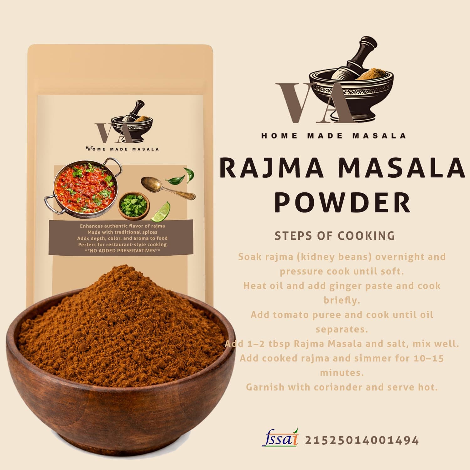 VA HOME MADE MASALA Mixes Rajma Masala| 500 GM | Pure Jain Spices | Bold North Indian Taste | No Onion No Garlic | No MSG | No Added Colours | No Preservatives — image 3