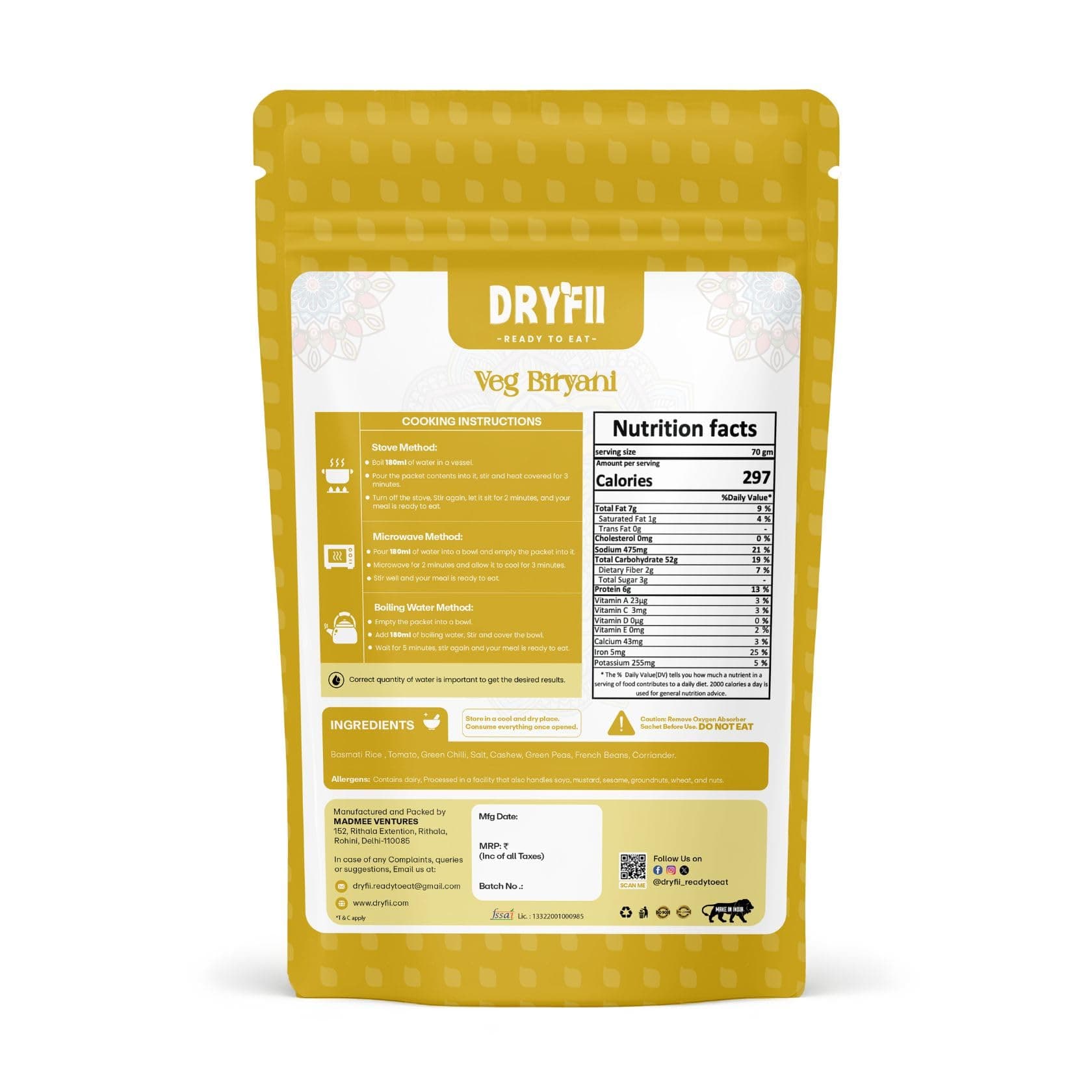 Dryfii Ready-to-Eat Instant Jain Veg Biryani | Pure Veg | Freeze Dried | No Onion, No Garlic | Rehydrated Weight 250 g — image 2
