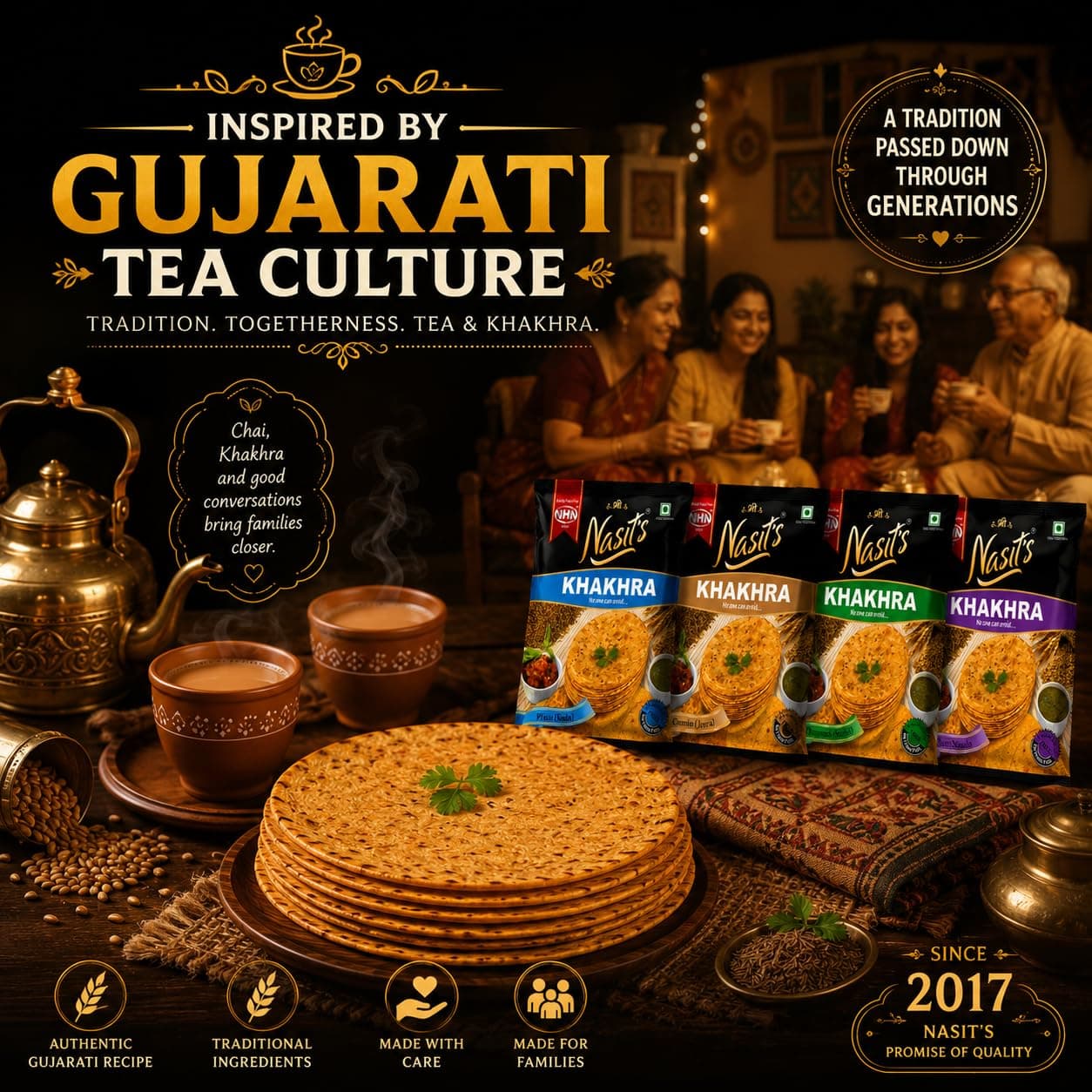 Nasit's Tea-Time Khakhra Combo Pack | Plain, Jeera, Methi & Chat Masala Flavors | Roasted Whole Wheat Gujarati Snack Assortment | 4 x 200g (800g) — image 4