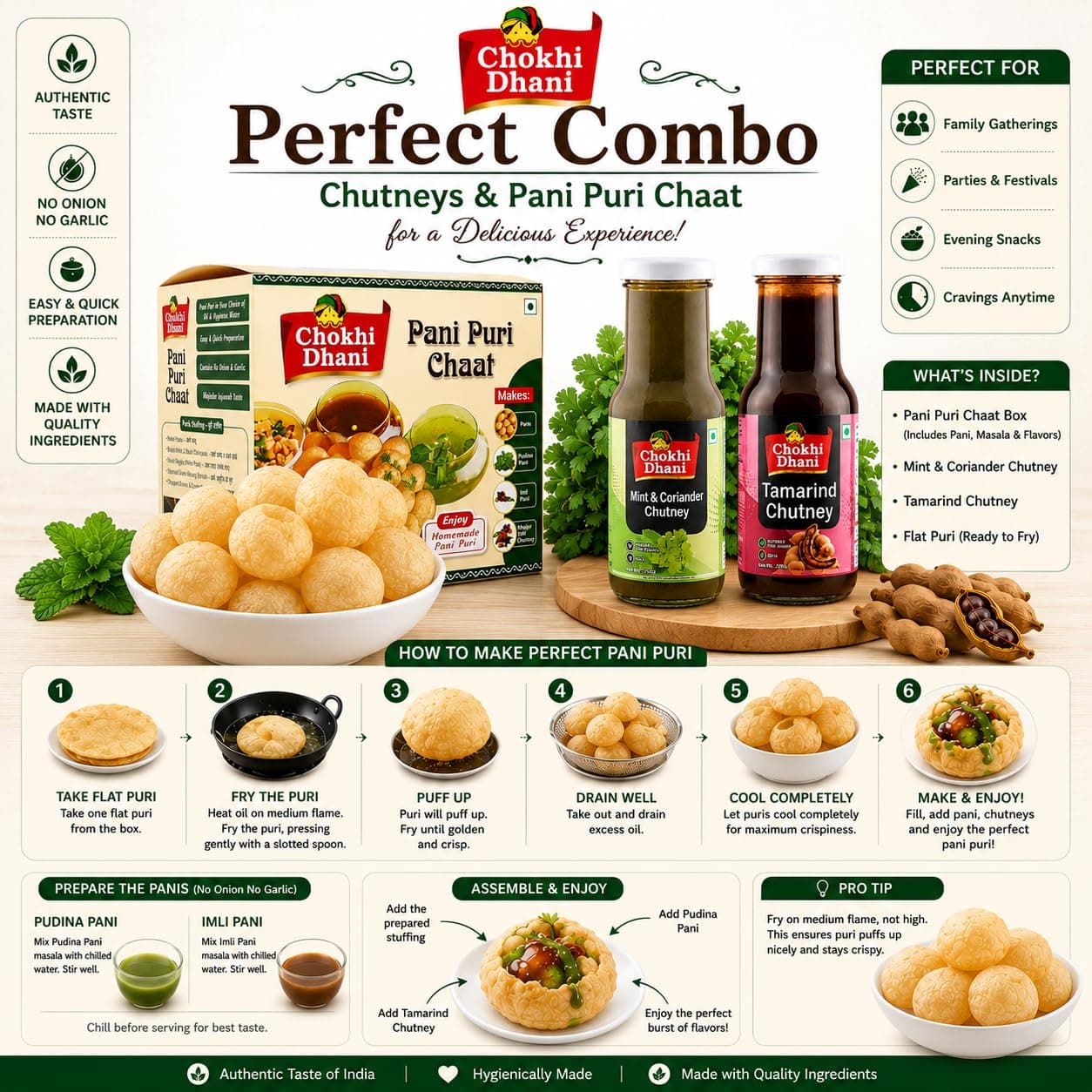 Chokhi Dhani Pani Puri Chaat Kit with Mint & Coriander Chutney (210g) & Tamarind Chutney (250g) | Crispy Flat Puris, Pudina Pani & Imli Chutney | No Onion No Garlic — image 3