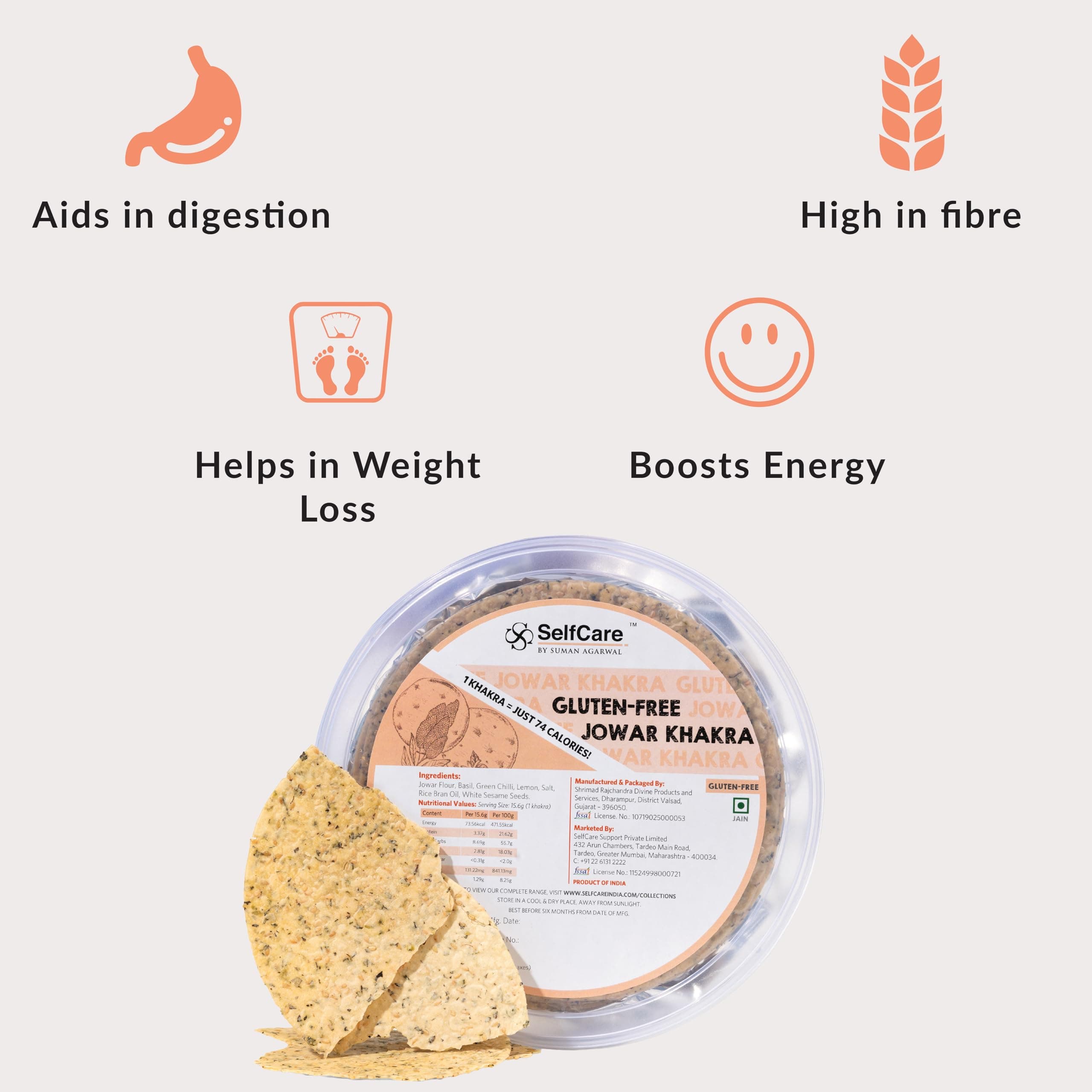 SelfCare By Suman Agarwal Gluten-Free Jowar Khakhra Pack of 1 250g | Roasted-Healthy-Snacks-Crackers-Namkeen-Grocery | Crispy & Chatpata - Tea time - Eat with Dip | Jain & Travel Friendly — image 3