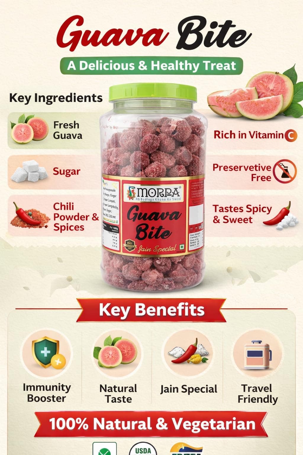 Morpa Guava Bite Candy Tangy and Sweet Guava Balls Jain Special 100% Natural Fruit Candy Mouth Freshener & Snack — image 2