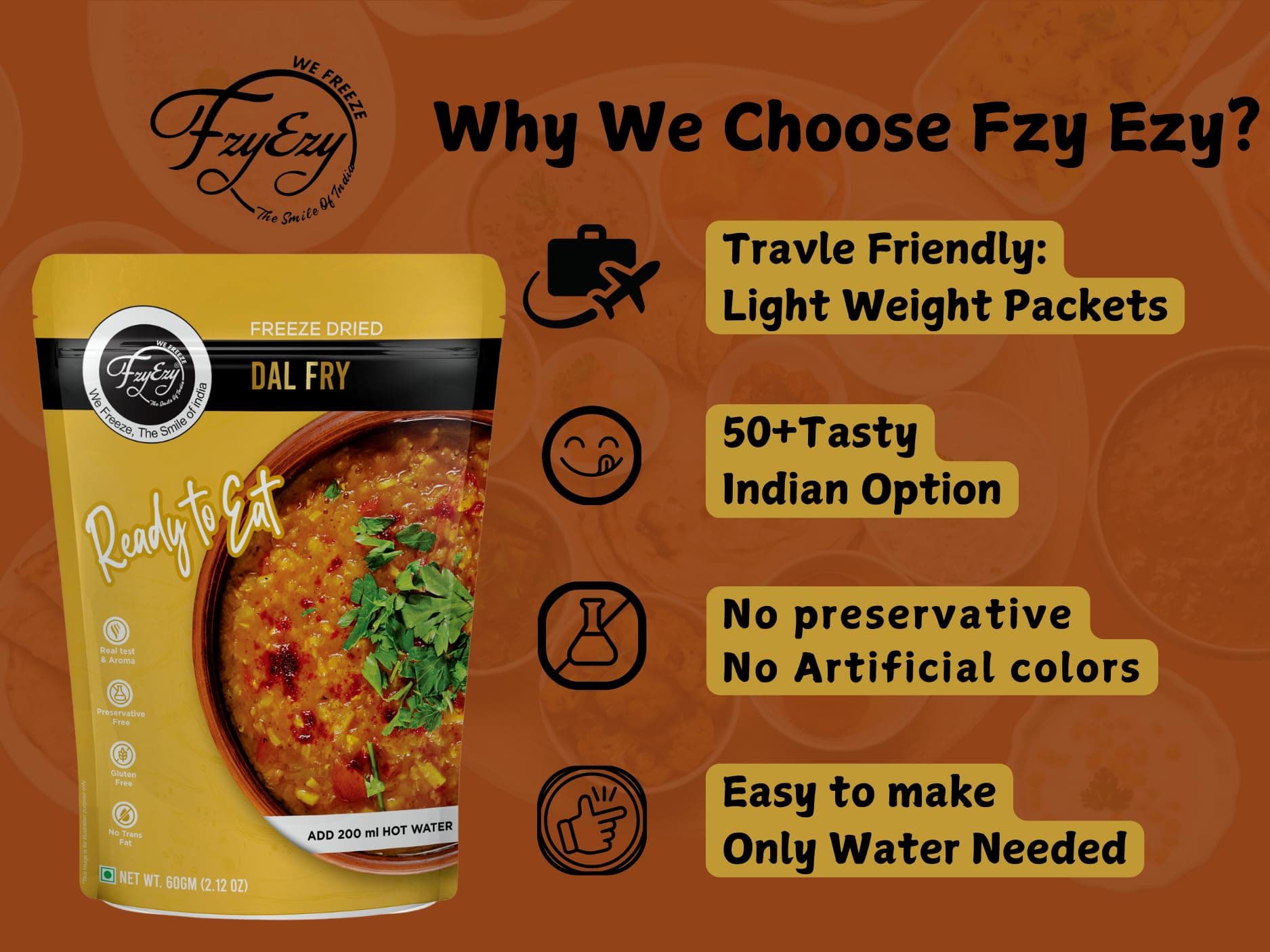 Jain Dal Fry | Freeze-Dried | 100% Natural Ready to Eat Meal | Authentic Indian Taste | Preservative-Free, Gluten-Free & No Trans Fat | Instant Meal – Add 200ml Hot Water | 60gm Pack — image 7
