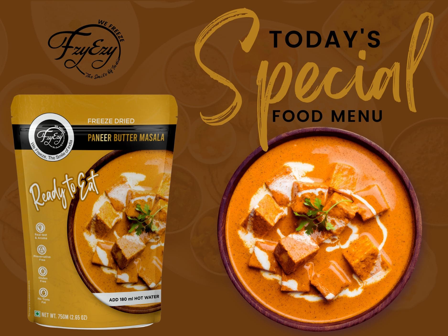 FzyEzy Freeze-Dried Jain Paneer Butter Masala – 75g | Instant Jain Indian Cuisine | Authentic No Onion, No Garlic Paneer Butter Masala Gravy | Jain Vegetarian Gourmet Delight | Ready-to-Eat | Gluten-Free | Preservative-Free Meal — image 4