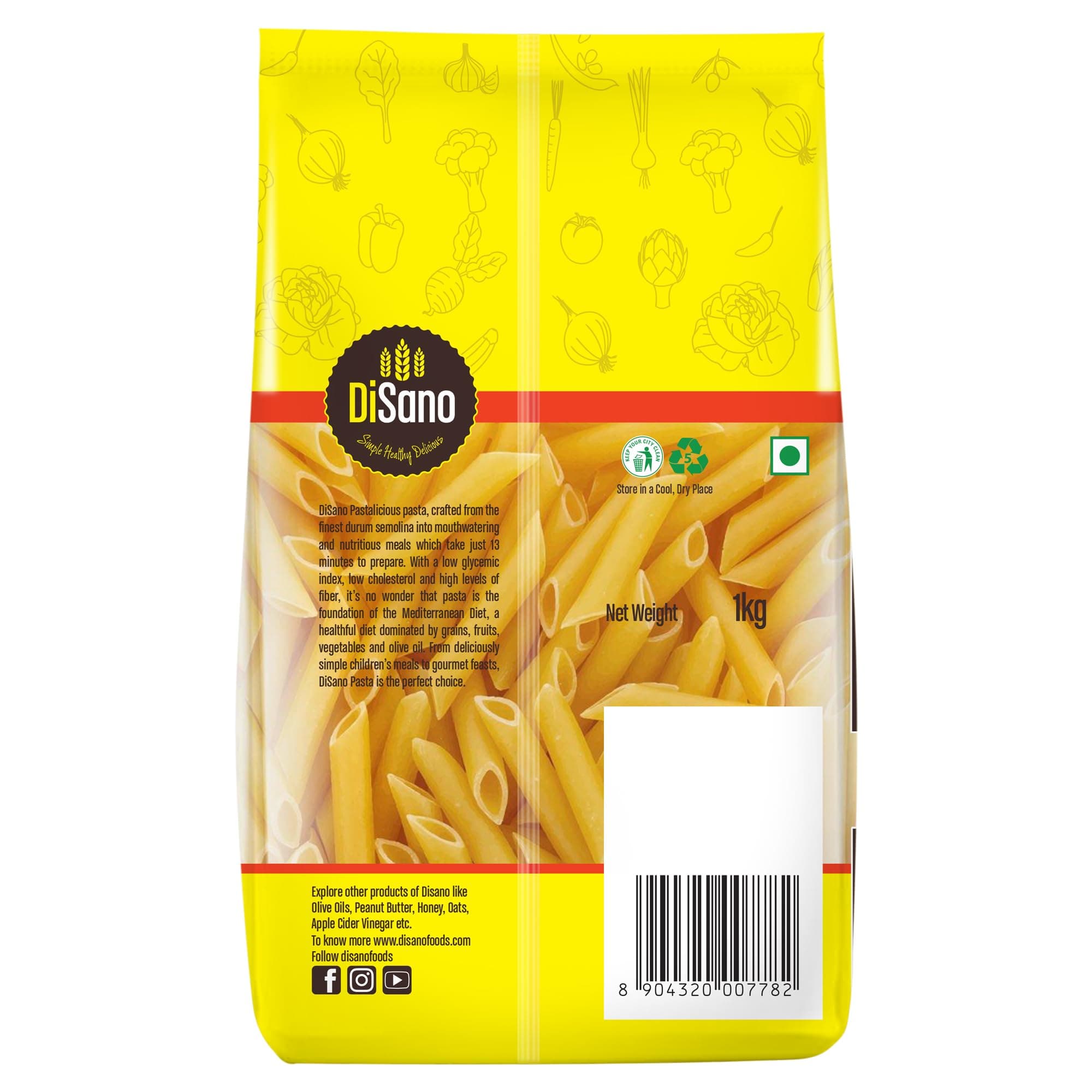 DiSano Penne Pasta 1kg, Healthy Pasta, Made with 100% Durum Wheat Semolina, 100% Suji, No Maida, Source of Protein & Fibre, Non-Sticky — image 7