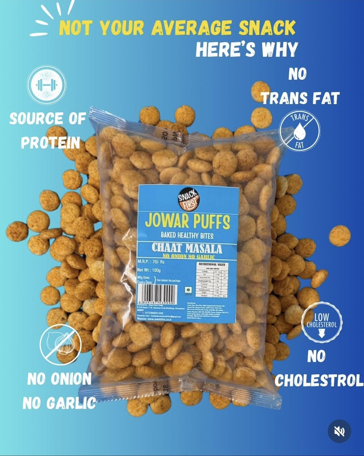 Snack First Baked Jowar Puff Combo Of 2, No Onion No Garlic, Jain, Chaat Masala & Creamy Cheese, Healthy Snack, Diet-food, Low Calorie, Nutritious Snack, Each 100g Pouch — image 3
