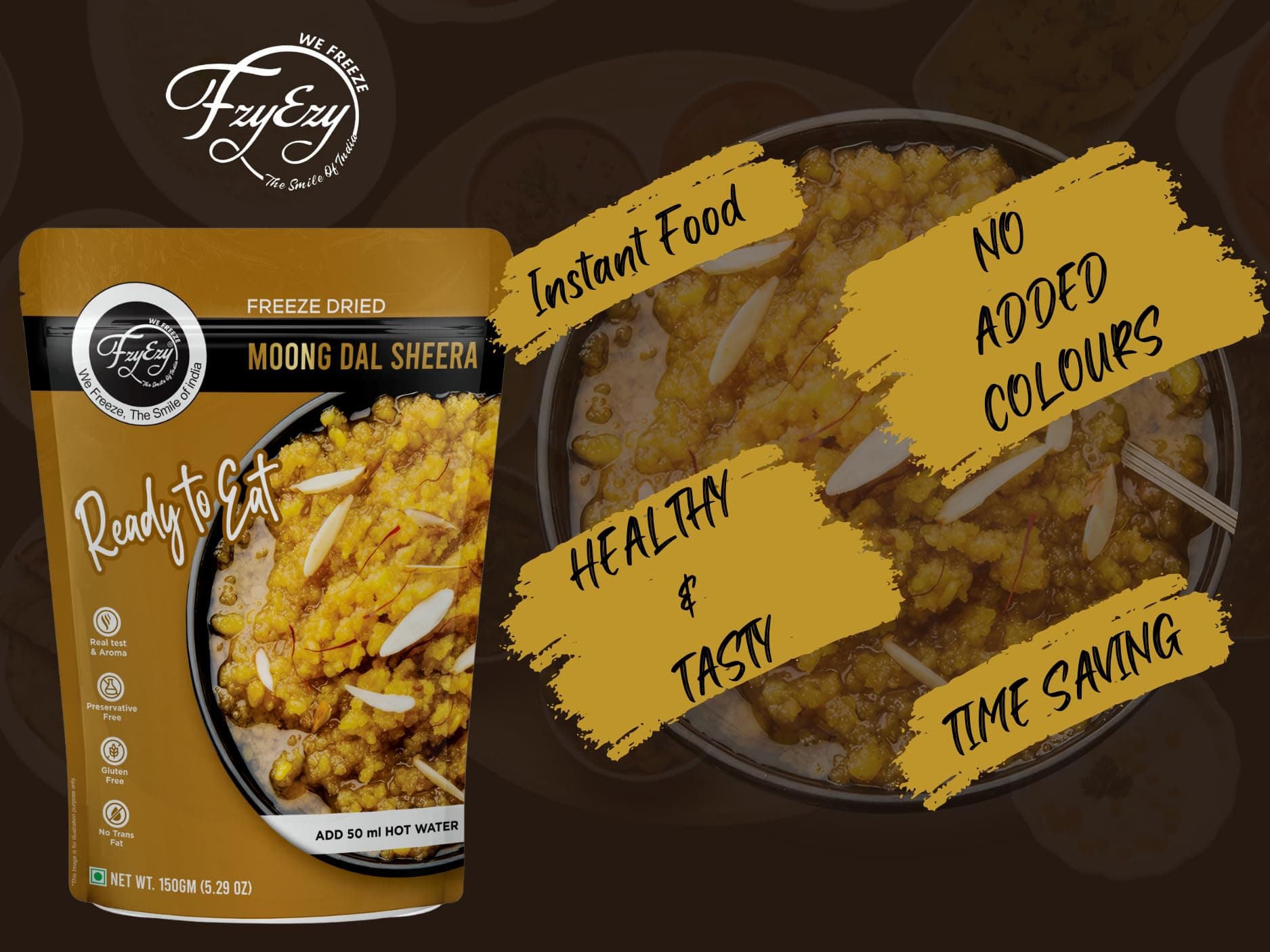 FzyEzy Freeze-Dried Moong Dal Sheera | Instant Gourmet Delight Traditional Indian Dessert | Ready-to-Eat | Instant Meal | Indian Cuisine | Delicious & Convenient Snack or Dessert | 150gm — image 5