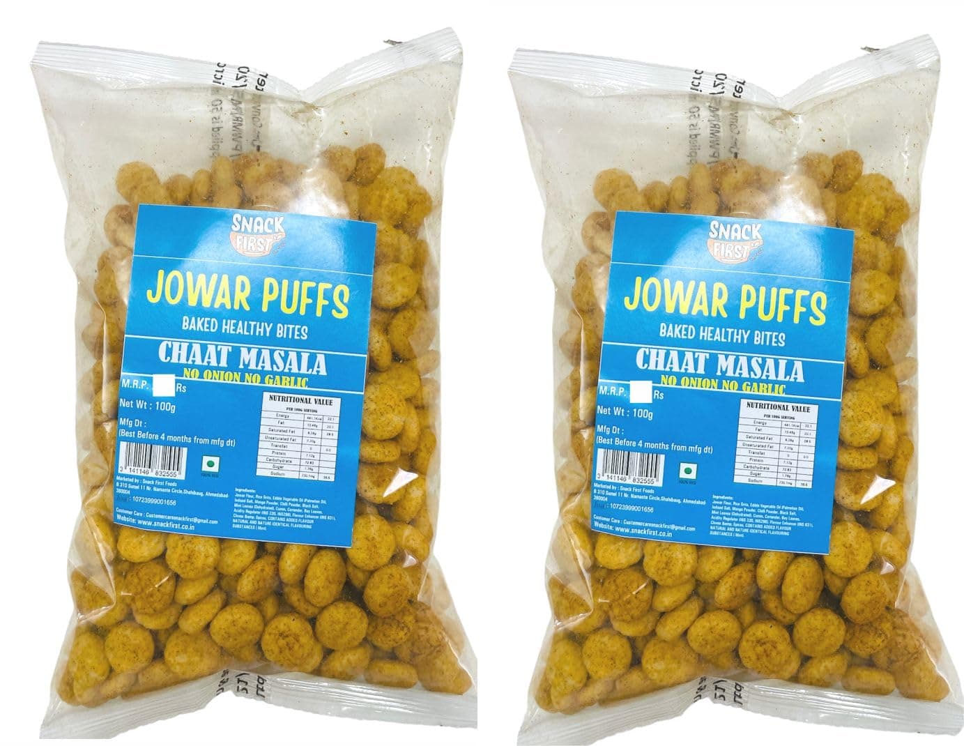Snack First Baked Jowar Puffs, Combo Of 2, Chaat Masala, No Onion No Garlic, Jain, Puffed Jowar Puffs Healthy Snack, Diet-food, Low Calorie, Nutritious Snack, Healthy Namkeen, Each 100g, Pouch
