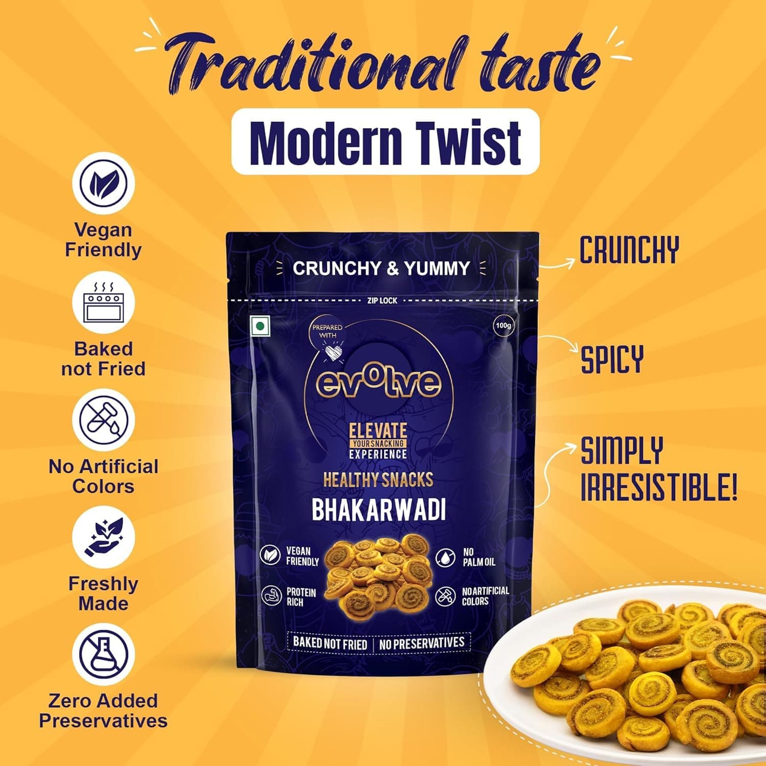 Evolve Baked Bhakarwadi Healthy Snacks for Kids, Adults | Gluten Free, No Artificial Colors or Preservatives, Freshly Made, Ready to Eat, Crunchy Masala Flavor - 100g — image 4