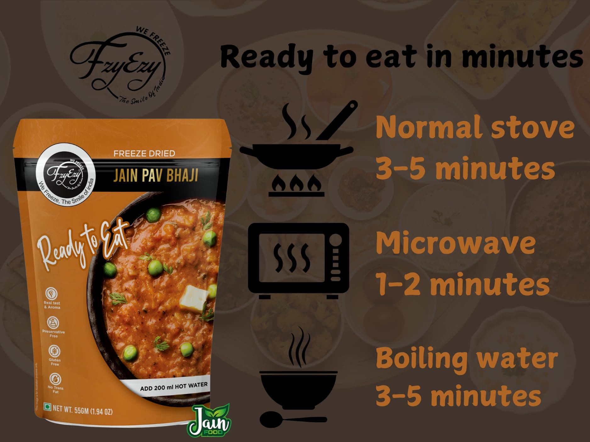 FzyEzy Freeze-Dried Jain Pav Bhaji – 55g | Indian Classic Snack Delight | No Onion, No Garlic | Pure Veg | Gluten-Free | Preservative-Free | Instant Mumbai Street Food — image 4