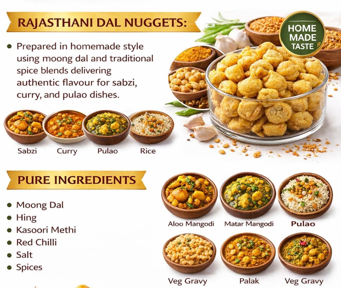 JBBB Jain Rajasthani Mangodi/Mungori 1200gm Pack | Homemade Moong Dal Wadi/Badi | Traditional Dry Dal Nuggets for Sabzi Curry Pulao Rice Dishes | Ready to Cook Vegetarian Food | No Added Preservatives — image 3