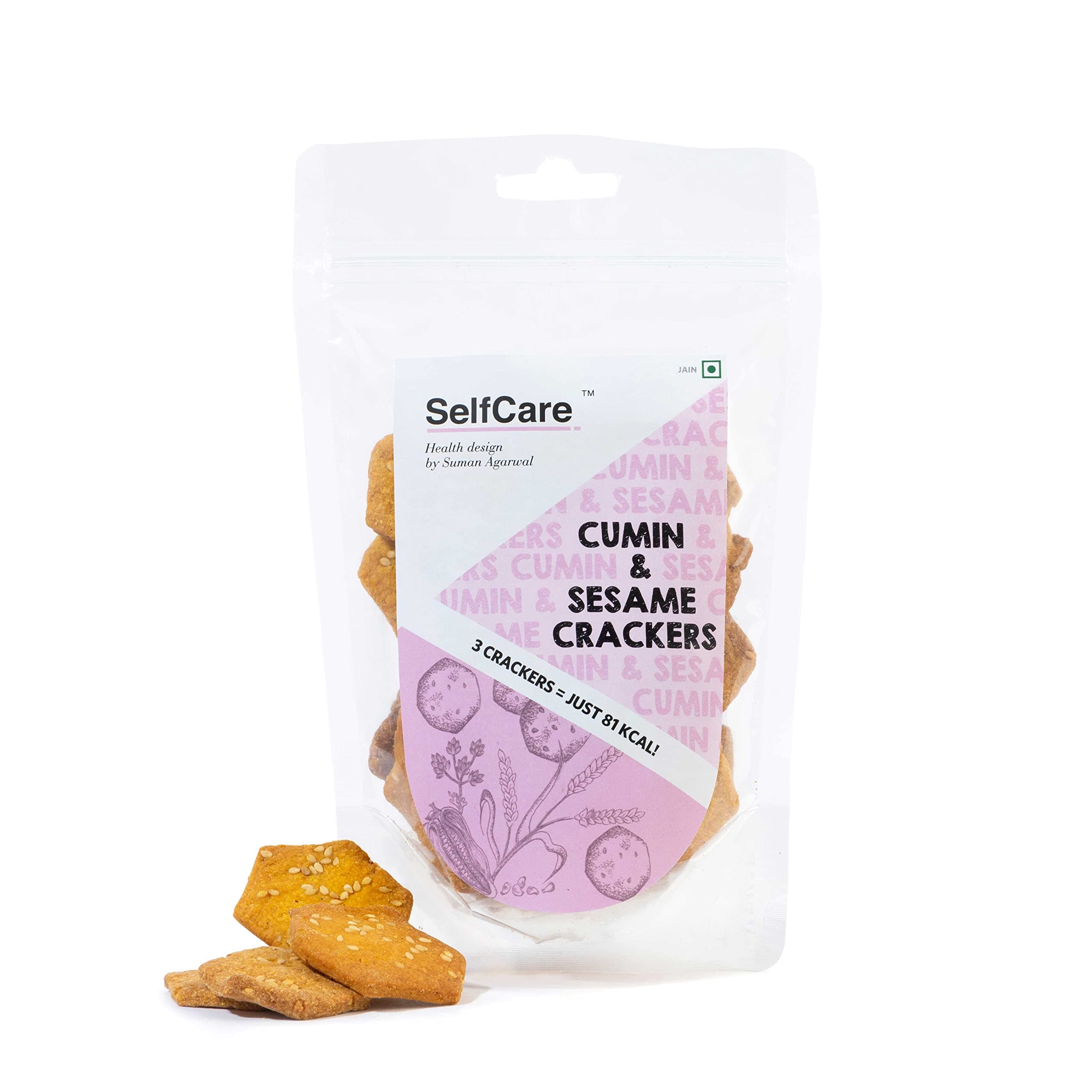 SelfCare By Suman Agarwal Cumin & Sesame Crackers Pack of 1 125g | Baked - Healthy - Vegan | Snacks - Namkeen - Grocery | Spicy Crunchy & Chatpata - Tea time Snacking | Jain & Travel Friendly