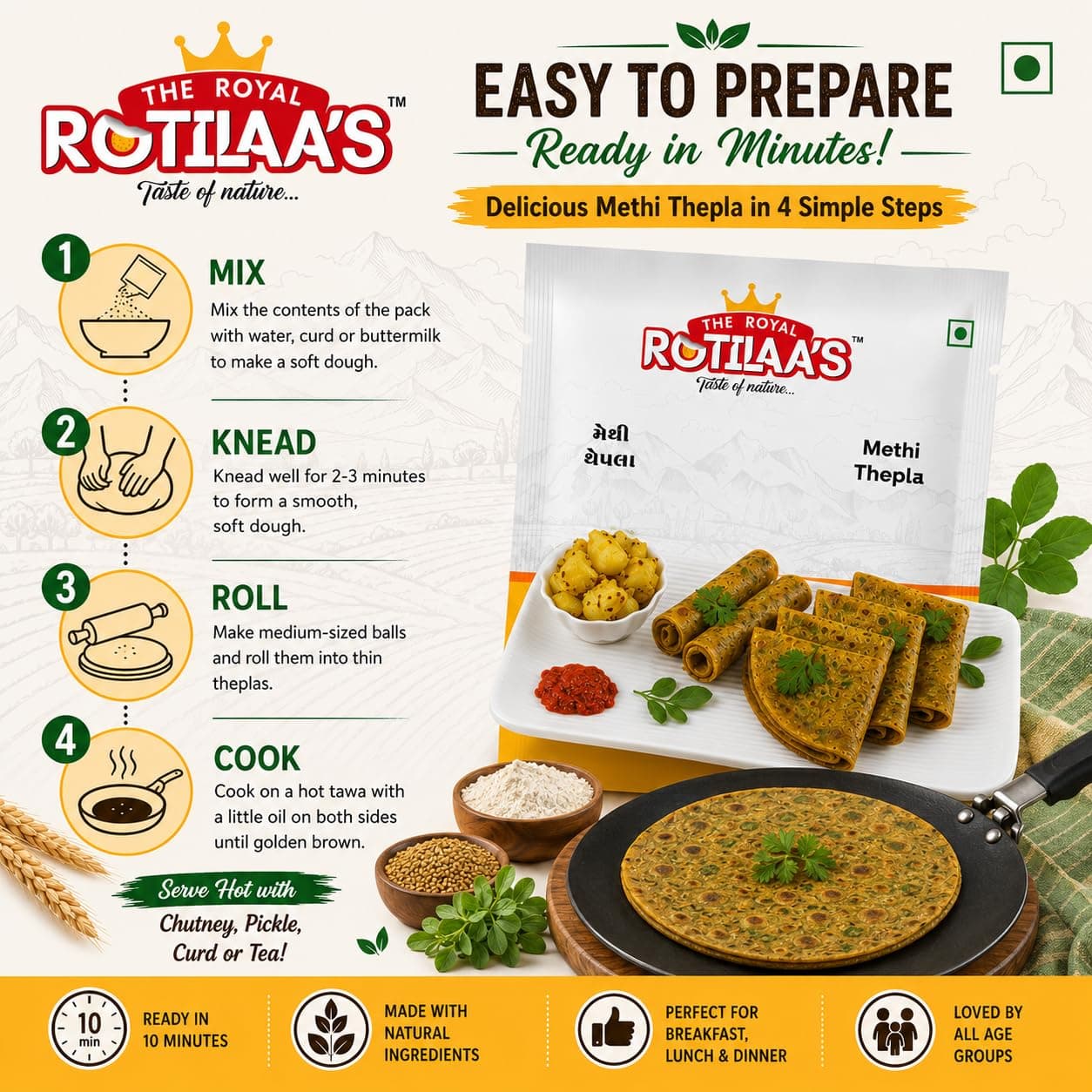 THE ROYAL ROTILAA'S Methi Thepla 100g (Pack of 3) | Ready-to-Eat Gujarati Snack | Vacuum Packed | Soft & Fresh Handmade Thepla | Includes Pickle | Pure Veg Travel & Tiffin Food | 4 Pieces per Pack — image 3