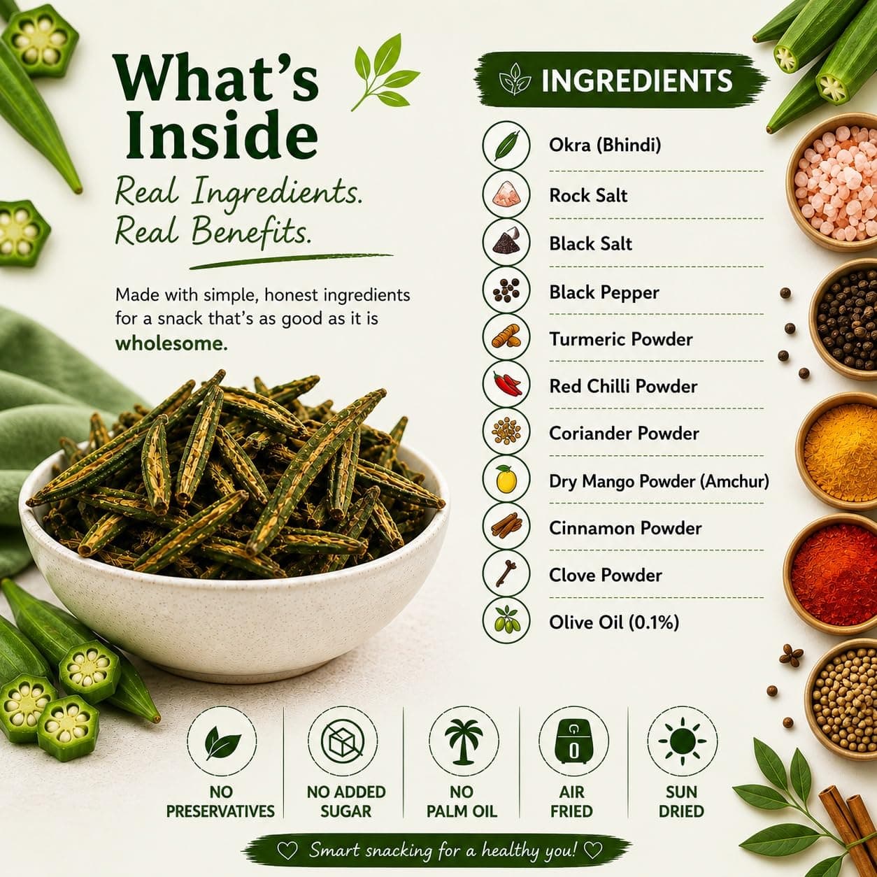 GRABZ Crispy Jain Bhindi Okra Chips without Onion ,Garlic | Air-Cooked, Solar-Dehydrated |No Palm Oil | No Maida | Zero Cholestrol, Gluten Free Vegan Snacks| Low Cholesterol | High Fiber |Olive Oil & Spicy Masala Flavor | 20g Each (Pack of 3) — image 5