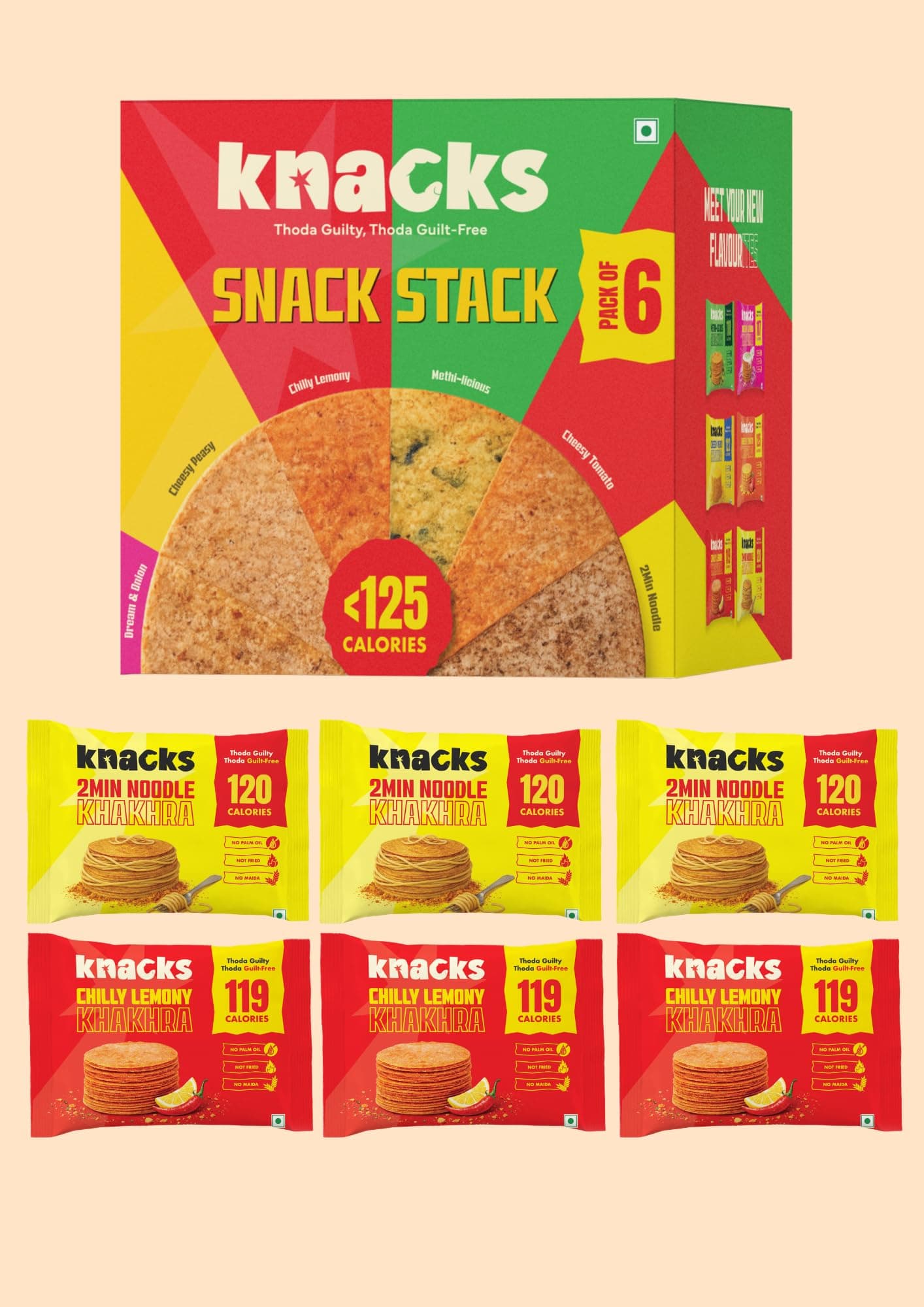 Knacks Masala Khakhra Pack | 2Min Noodle + Chilli Lemon Coin Khakhra, 6 x 30g | 119-120 Calories Per Pack | Healthy Snack Gift Box | No Palm Oil, No Maida, Not Fried | High Protein — image 2