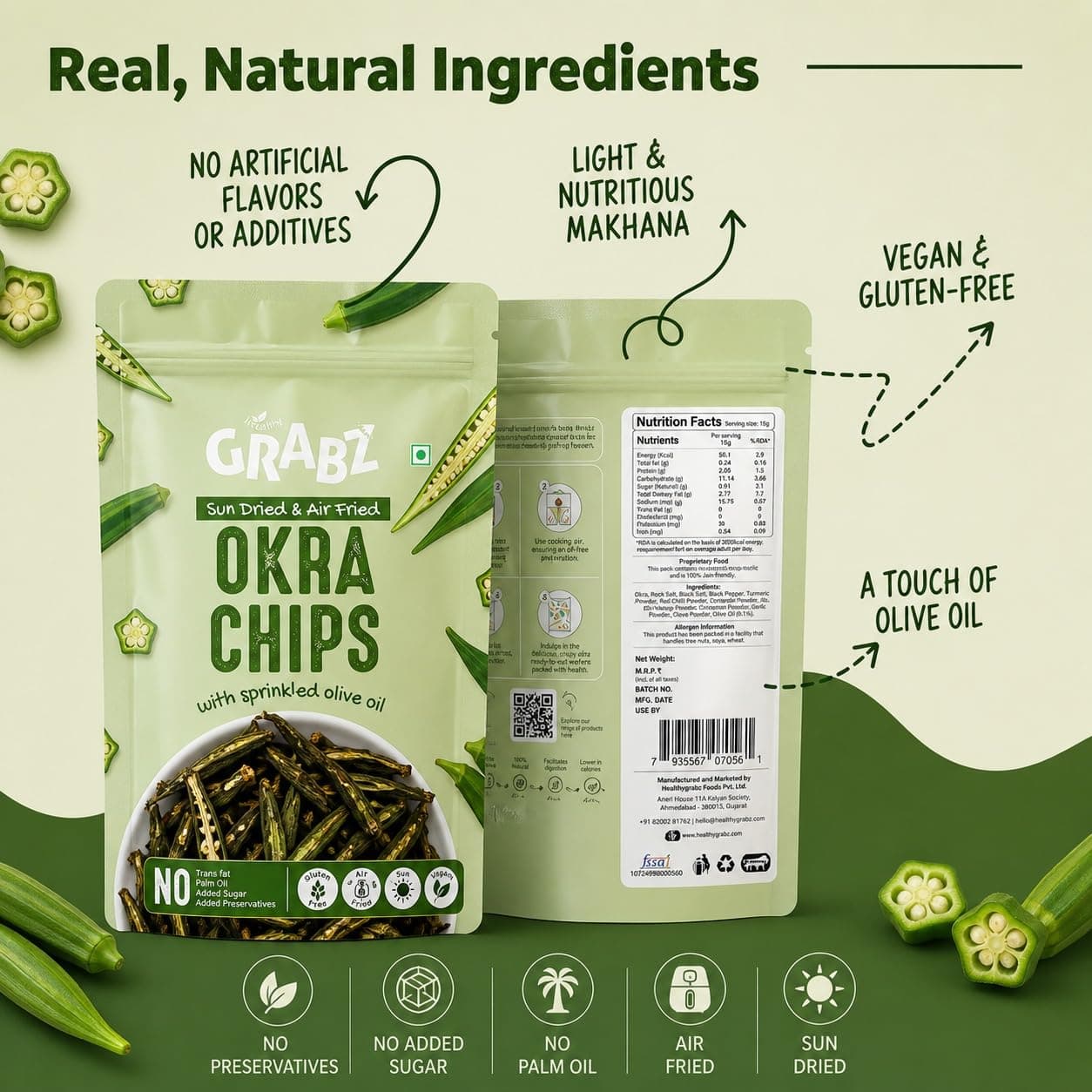 GRABZ Crispy Jain Bhindi Okra Chips without Onion ,Garlic | Air-Cooked, Solar-Dehydrated |No Palm Oil | No Maida | Zero Cholestrol, Gluten Free Vegan Snacks| Low Cholesterol | High Fiber |Olive Oil & Spicy Masala Flavor | 20g Each (Pack of 3) — image 6