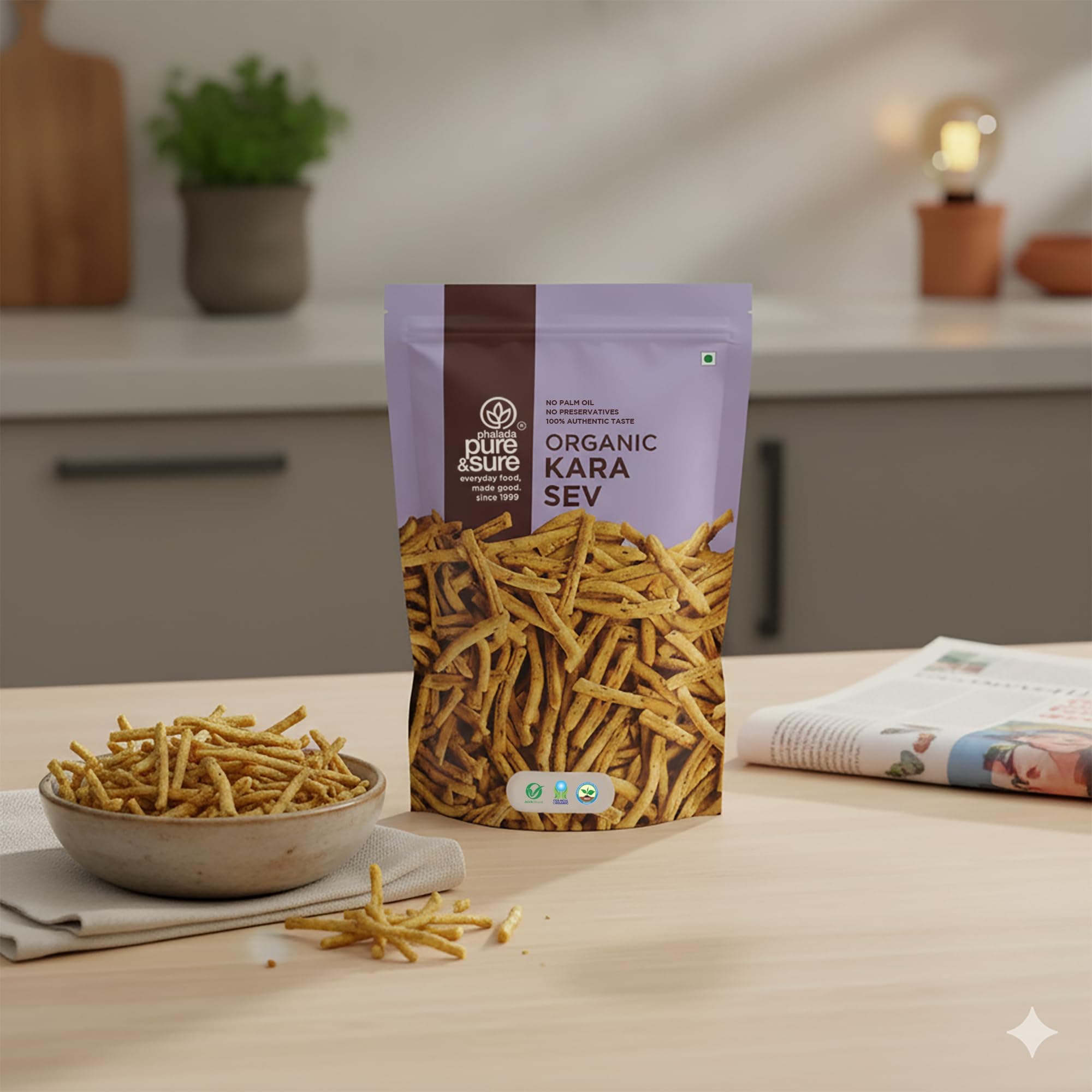 Pure & Sure Organic Kara Sev 100gm (Pack of 1) | Delicious Crunchy Namkeen & Snacks | Ready to Eat Tea Time Snacks, Cholesterol Free, No Trans Fats, No Preservatives — image 4