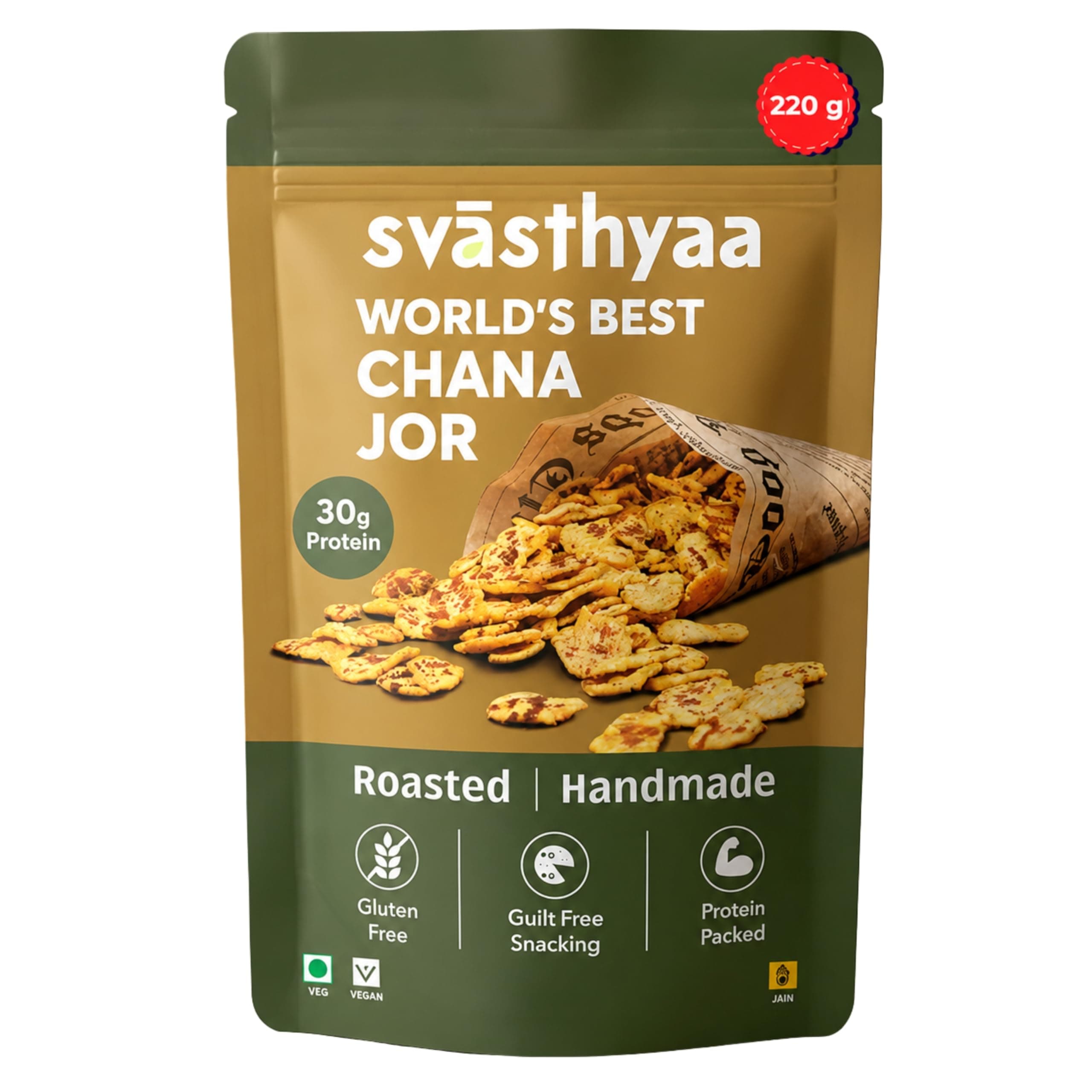 Svasthyaa Roasted Chana Jor Garam Healthy Snack for Kids & Adults | Crispy Channa Namkeen, High Protein, Gluten Free | Vegan Jain Snack with Sea Salt & Hing | No Palm Oil, No Added Sugar 220g - Pack of 1