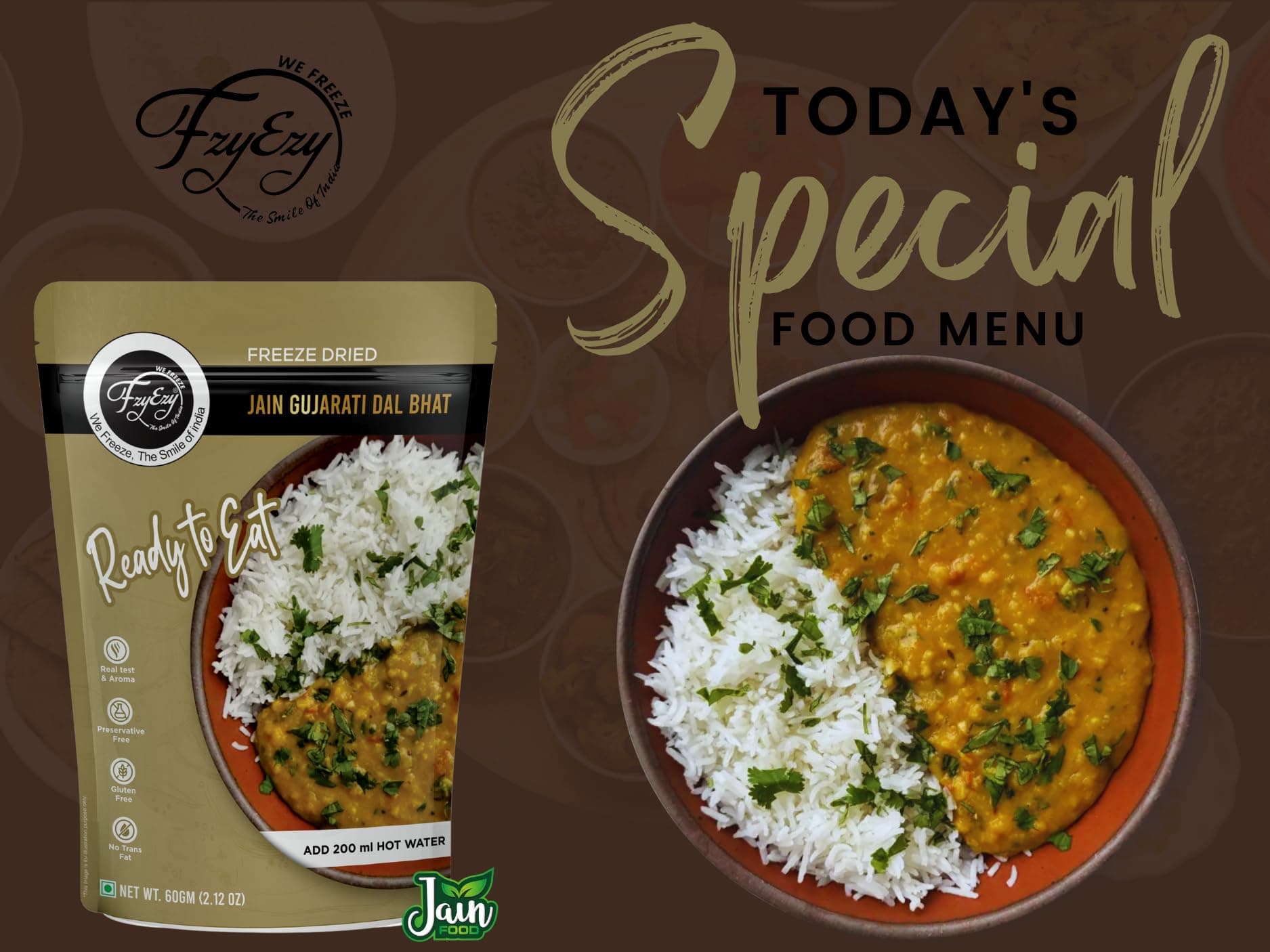 FzyEzy Freeze-Dried Jain Gujarati Dal Bhat | Authentic Jain Gujarati Culinary Experience | Traditional Satvik Ready-to-Eat Indian Meal | Gluten-Free & Preservative-Free | Nourishing, Quick-Prep Comfort Cuisine | 60g Pack — image 4