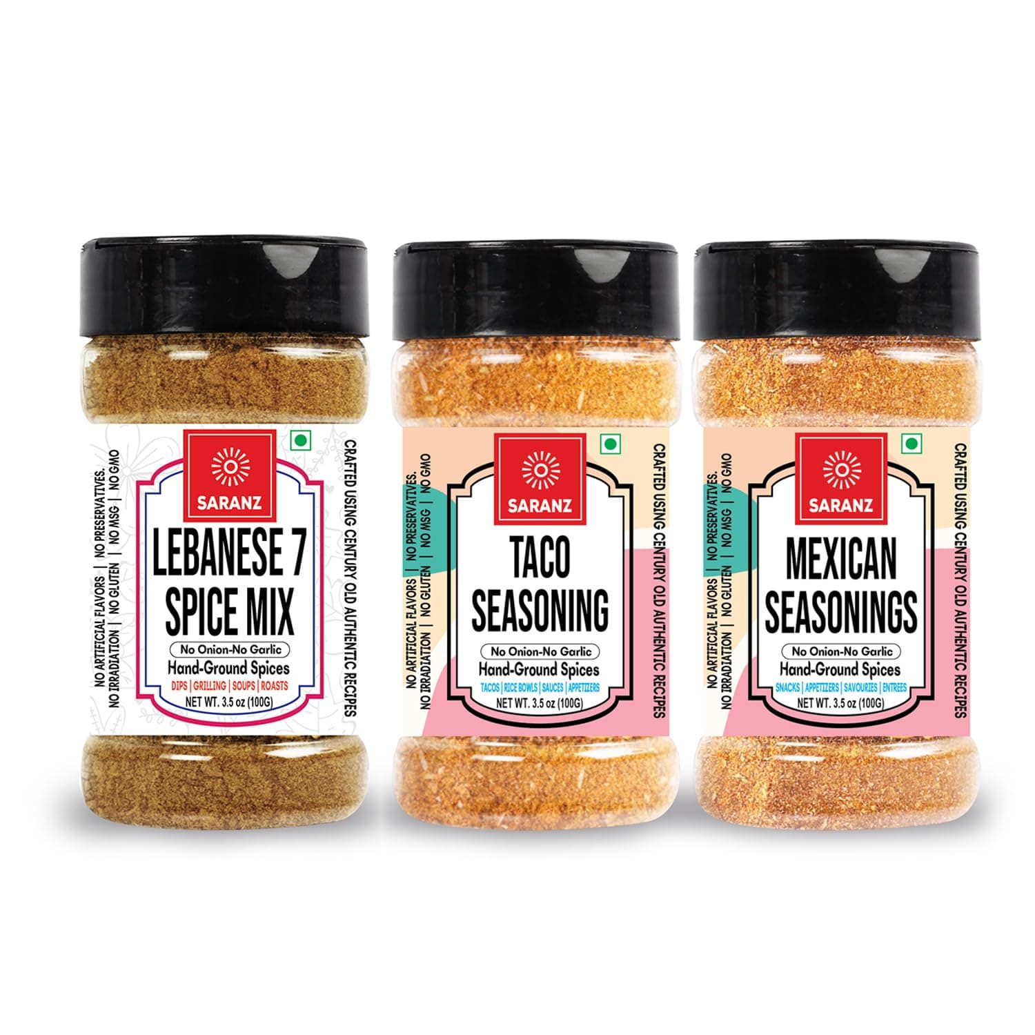 SARANZ Taco Mix JainExotic, Lebanese 7 Spice Mix Jain & Mexican Mix Jain Seasoning ( Combo Pack Of 3 ) Perfect for Snacks, Appetizers, Tacos, Savouries, Entrees, Main Dishes Aromatic and Flavoured Vegan, Dairy Free | Mexican Seasoning | 100 Grams Sprinkler Jar — image 2