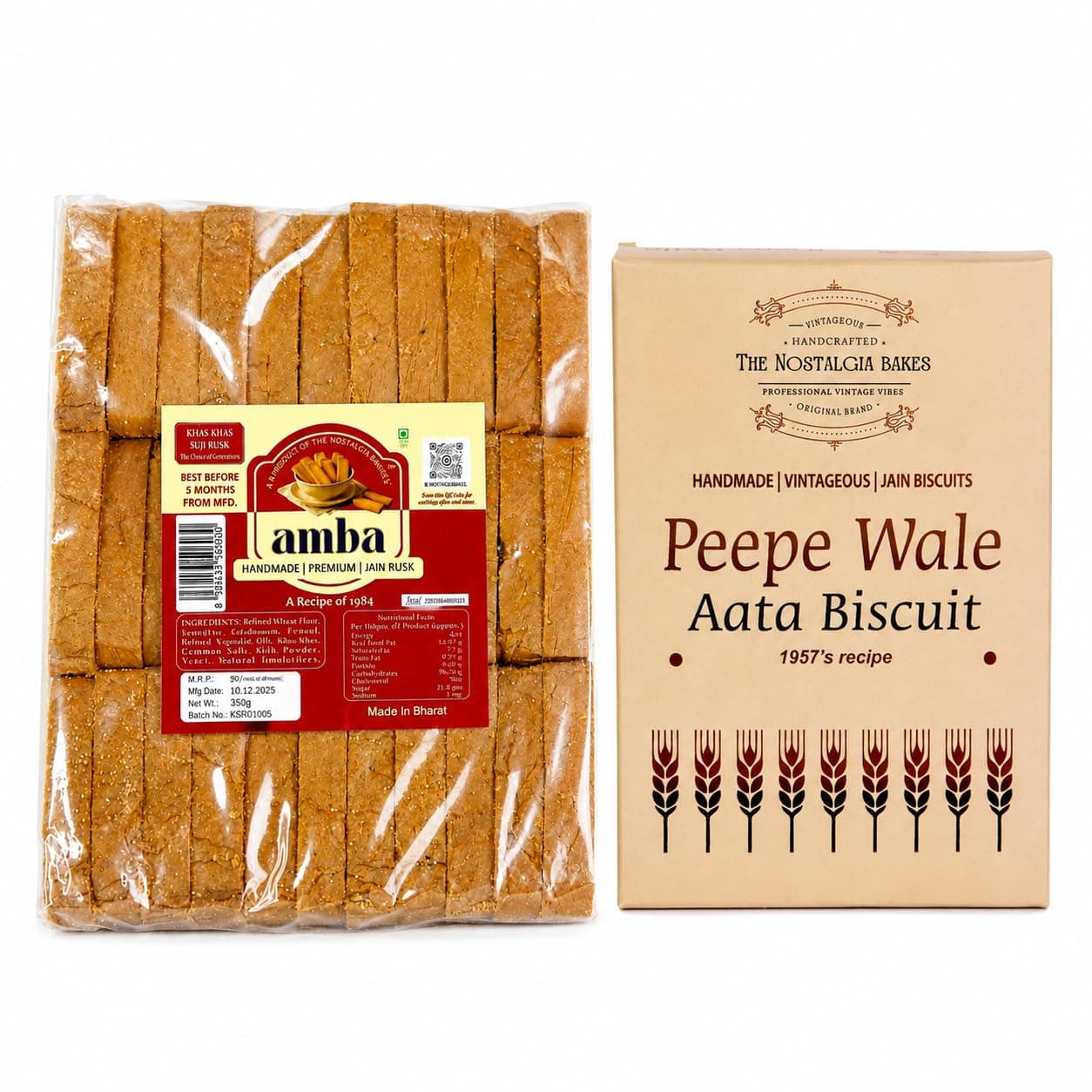 Amba Handmade Jain Khas-Khas Suji Rusk & Peepe Wale Aata Biscuit Combo Pack | Crispy Tea Time Snacks | Made With Desi Ghee | Traditional Bakery Style Biscuits | Premium Vegetarian Snacks — image 2