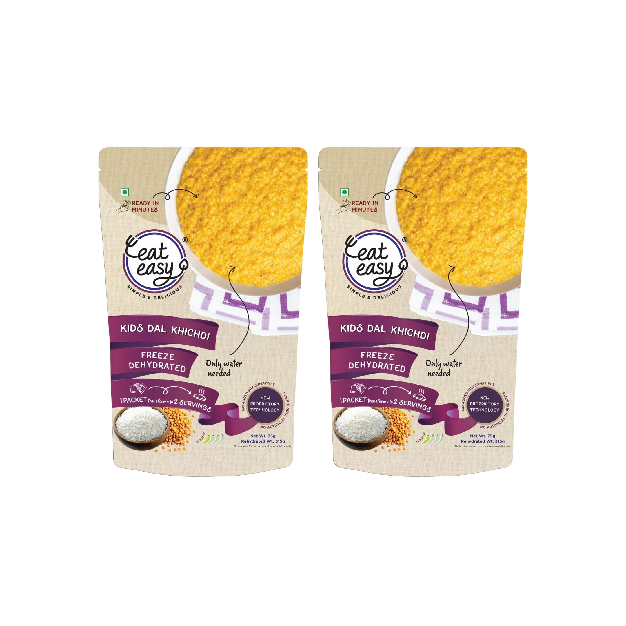 Eat Easy Ready to Eat Kids Dal Khichdi- 75gm (Pack of 2) | Freeze Dried | Just Add Hot Water — image 2