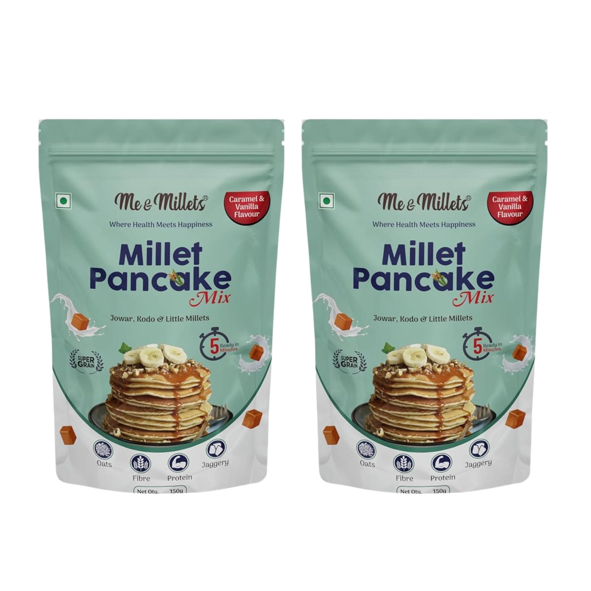 ME & MILLETS Caramel & Vanilla Flavor Millet Pancake Mix (150g X 2) Sweetness Of Jaggery, No Maida, No Wheat, No Preservatives, Vegetarian, Eggless, Healthy Breakfast for Family (Jain Friendly) — image 2