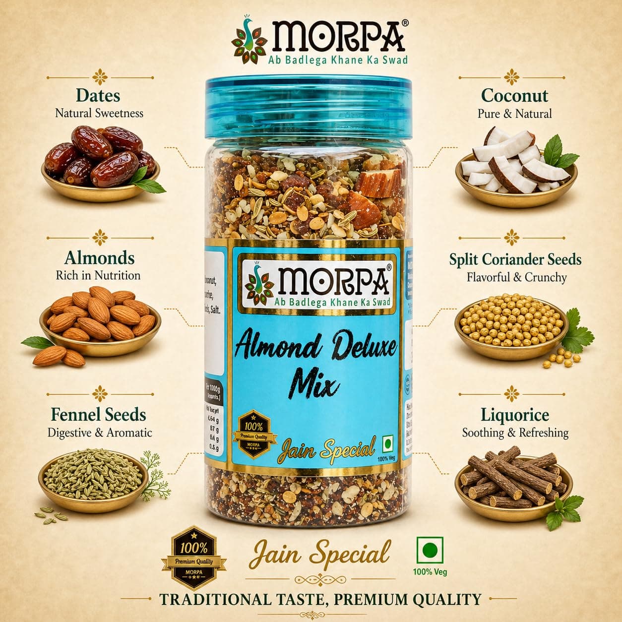 Morpa Almond Deluxe Mix Mouth Freshener Premium Badam Mukhwas Almonds Saunf and Flavoured Seed Blend After Meal Digestive and Breath Freshener Jain Special 100% Veg — image 4