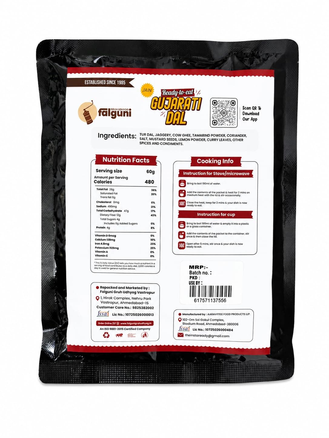 Falguni Gruh Udhyog (FGU) Jain Gujarati Dal Ready To Eat 60G | Sweet & Spicy Lentil Curry | Heat & Eat Traditional Gujarati Meal | Suitable with Rice, Khichdi & Roti — image 2