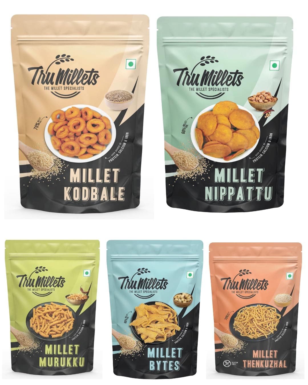 Trumillets Healthy Millet Namkeen Snacks Combo, 25g (Pack of 5),High In Protein,Calcium,Iron,Fibre,No Palm Oil, No Cholesterol, Gluten-Free | Murukku, Bites, Nippatu, Kodbale, Thengol,Keto-Friendly — image 2
