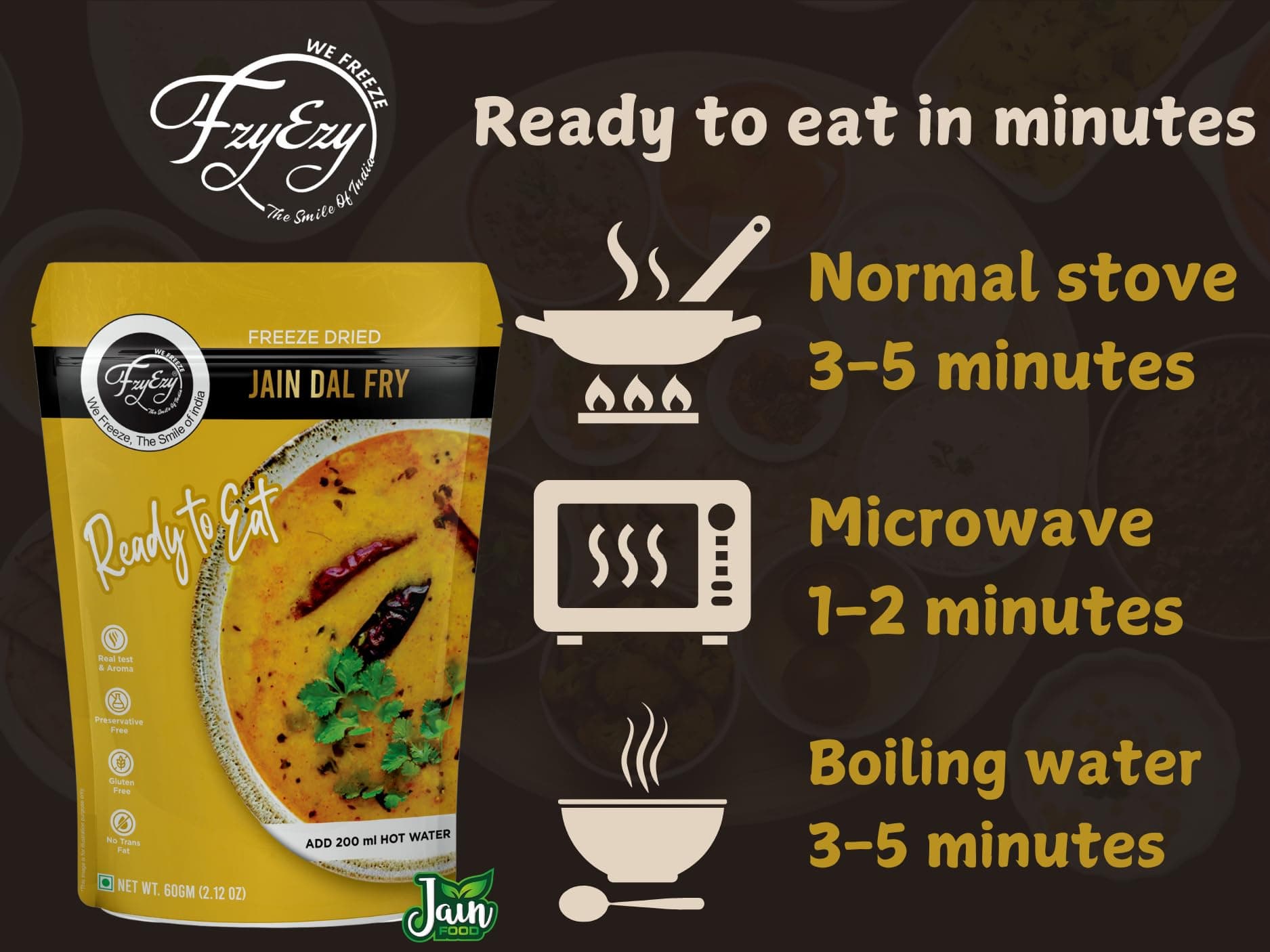FzyEzy Freeze-Dried Jain Dal Fry – 60g | Authentic Jain Indian Meal | No Onion, No Garlic | Instant & Ready-to-Eat | Gluten-Free | Preservative-Free | Wholesome & Flavorful Jain dish — image 8