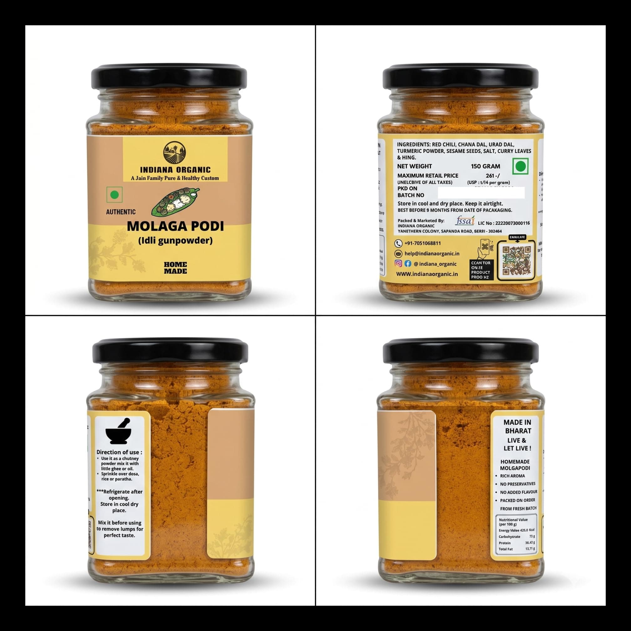 Indiana Organic Molaga Podi 150 g – Authentic Idli Gunpowder | Homemade Chutney Powder | No Onion No Garlic Jain Podi Masala | Organic South Indian Malgapodi for Dosa & Idli — image 2