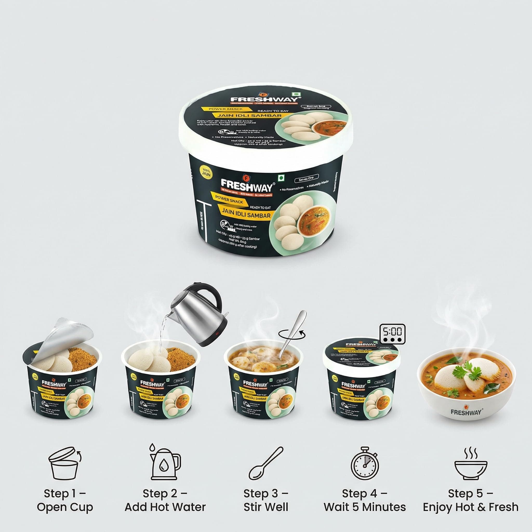 Freshway Ready-to-Eat Jain Idli Sambar Pack of 6 | Nutritious & Convenient Power Snack | 100% Jain Recipe | No Preservatives | Healthy Instant South Indian Meal — image 5