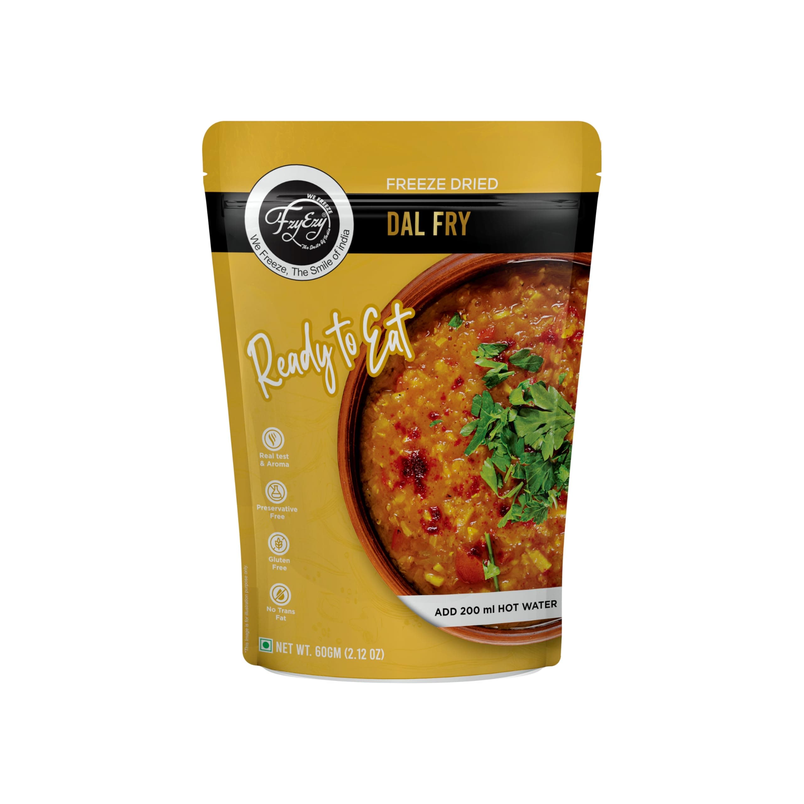 Jain Dal Fry | Freeze-Dried | 100% Natural Ready to Eat Meal | Authentic Indian Taste | Preservative-Free, Gluten-Free & No Trans Fat | Instant Meal – Add 200ml Hot Water | 60gm Pack