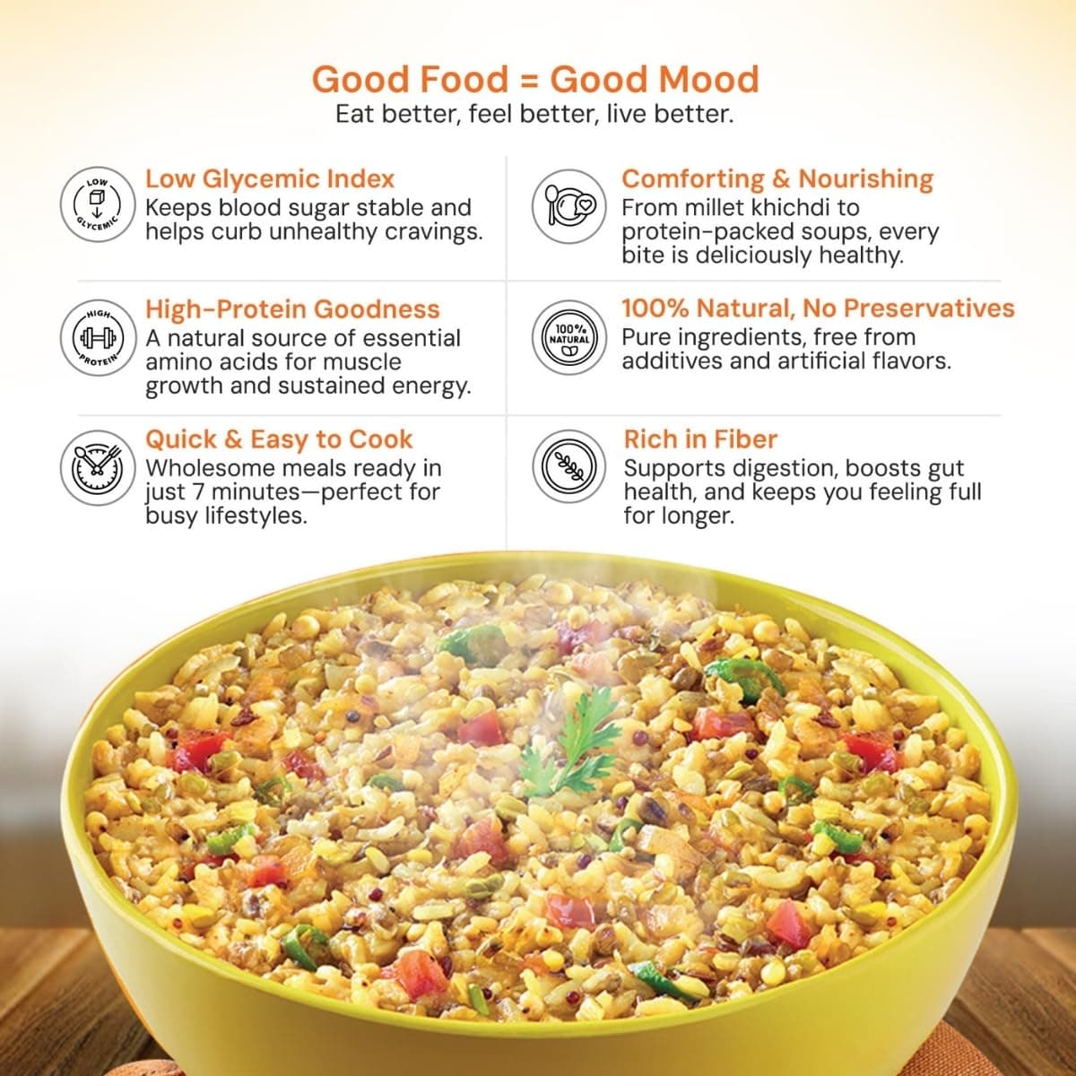 Instant Moong Dal Khichdi | Pack of 3 | Ready-to-Eat |Desi ghee|Just Add Hot Water | Light on Stomach | No Preservatives | Travel & Office-Friendly Indian Meal|wholegrains|No onion, No garlic — image 7