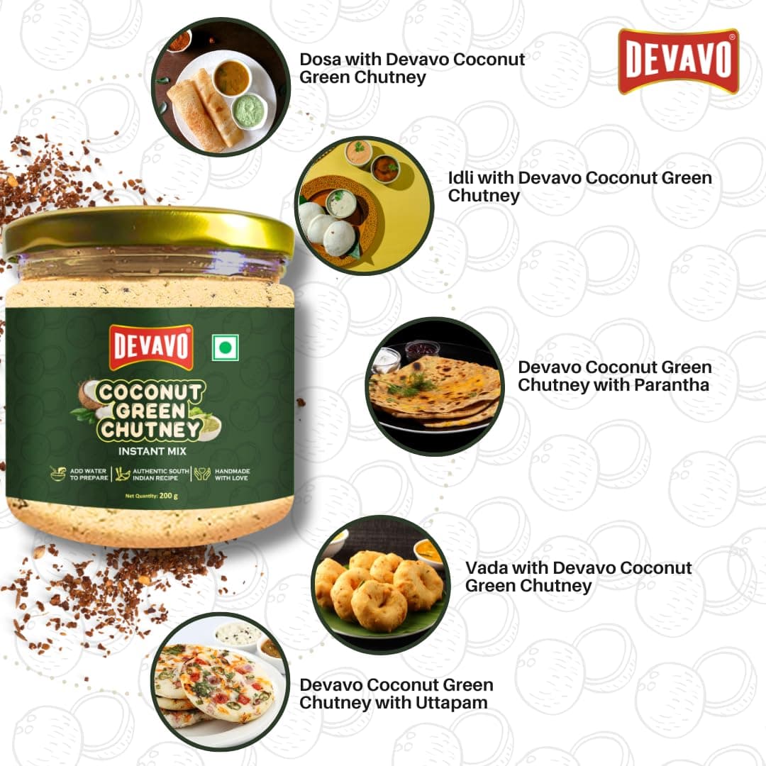 Devavo Coconut Green Chutney Powder | Just Add Water to Prepare | Authentic South Indian Recipe | No Onion & Garlic | No Artificial Colour & Flavour | No Preservatives (200 g) — image 5