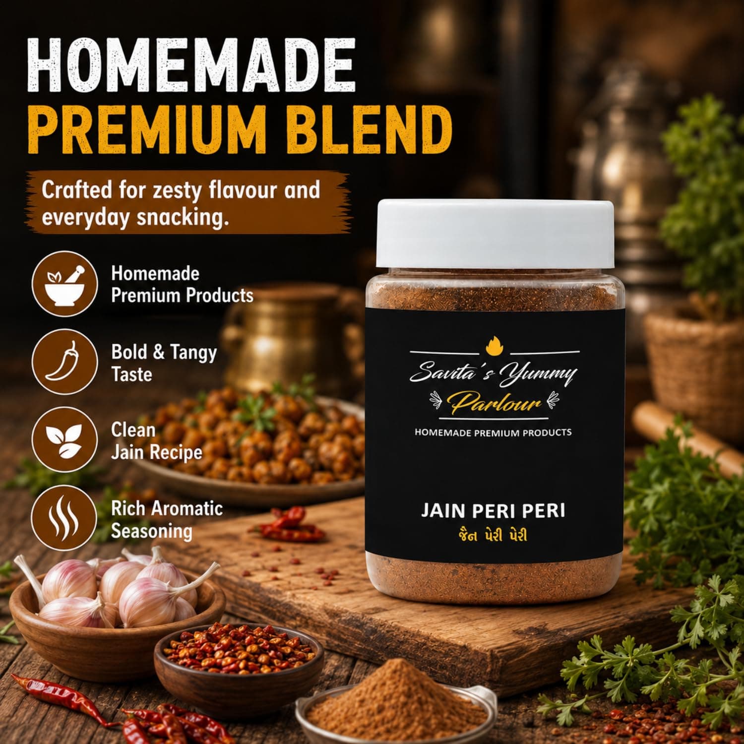 Savita’s Yummy Parlour Jain Peri Peri Masala – 100g | Homemade Premium Spice Blend | Zesty & Spicy Seasoning for Popcorn, Fries & Snacks — image 4