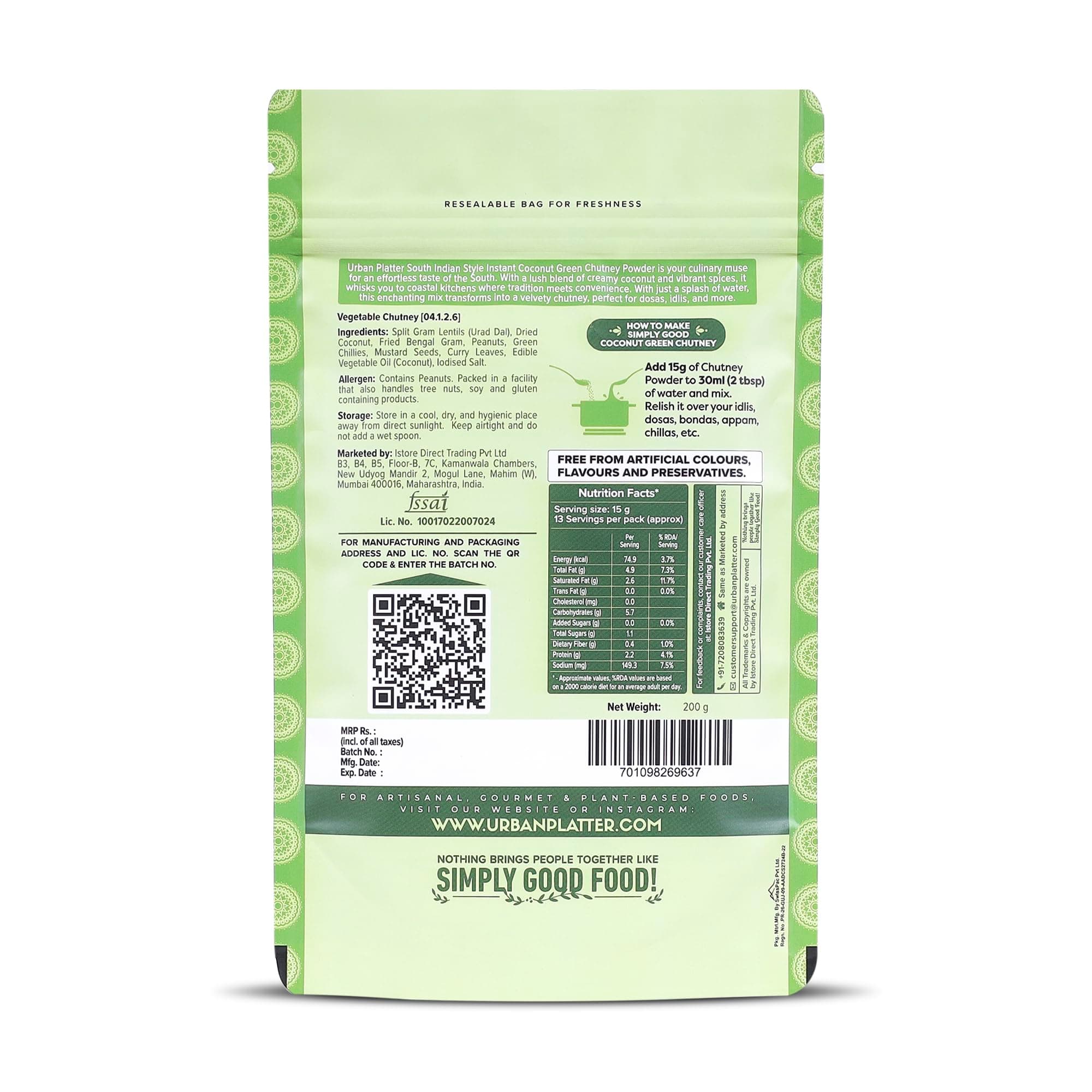 Urban Platter South Indian Style Instant Coconut Green Chutney Powder, 200g / 7oz [Nariyal ki Chutney, Just Add Water] — image 2