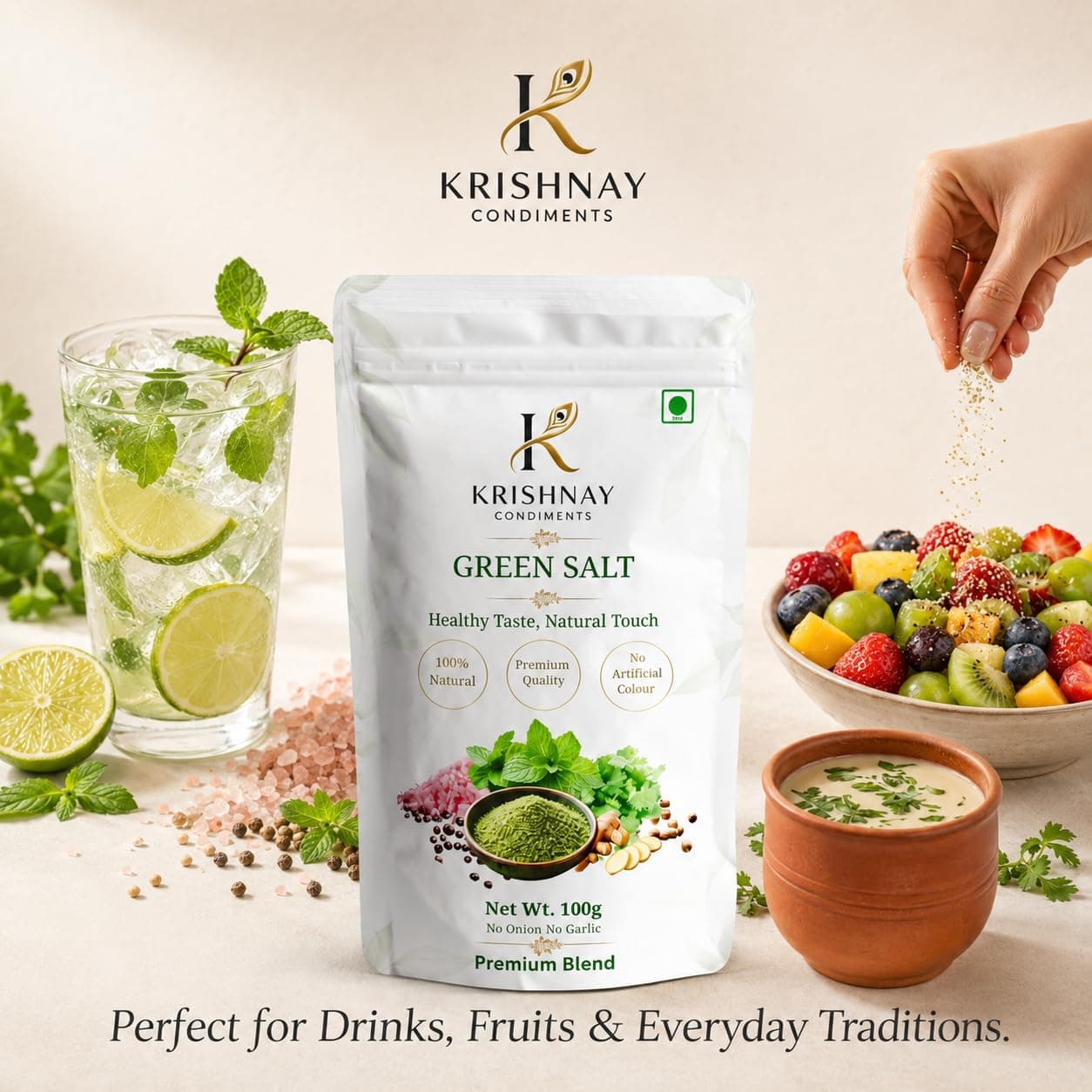 KRISHNAY Condiments Natural Green Salt Seasoning 100g | Herbal Mineral Salt Blend with Mint, Coriander & Spices | No Onion No Garlic Flavoured Salt Mix | Natural Masala Salt for Chaat, Salad, Fruits & Buttermilk — image 4