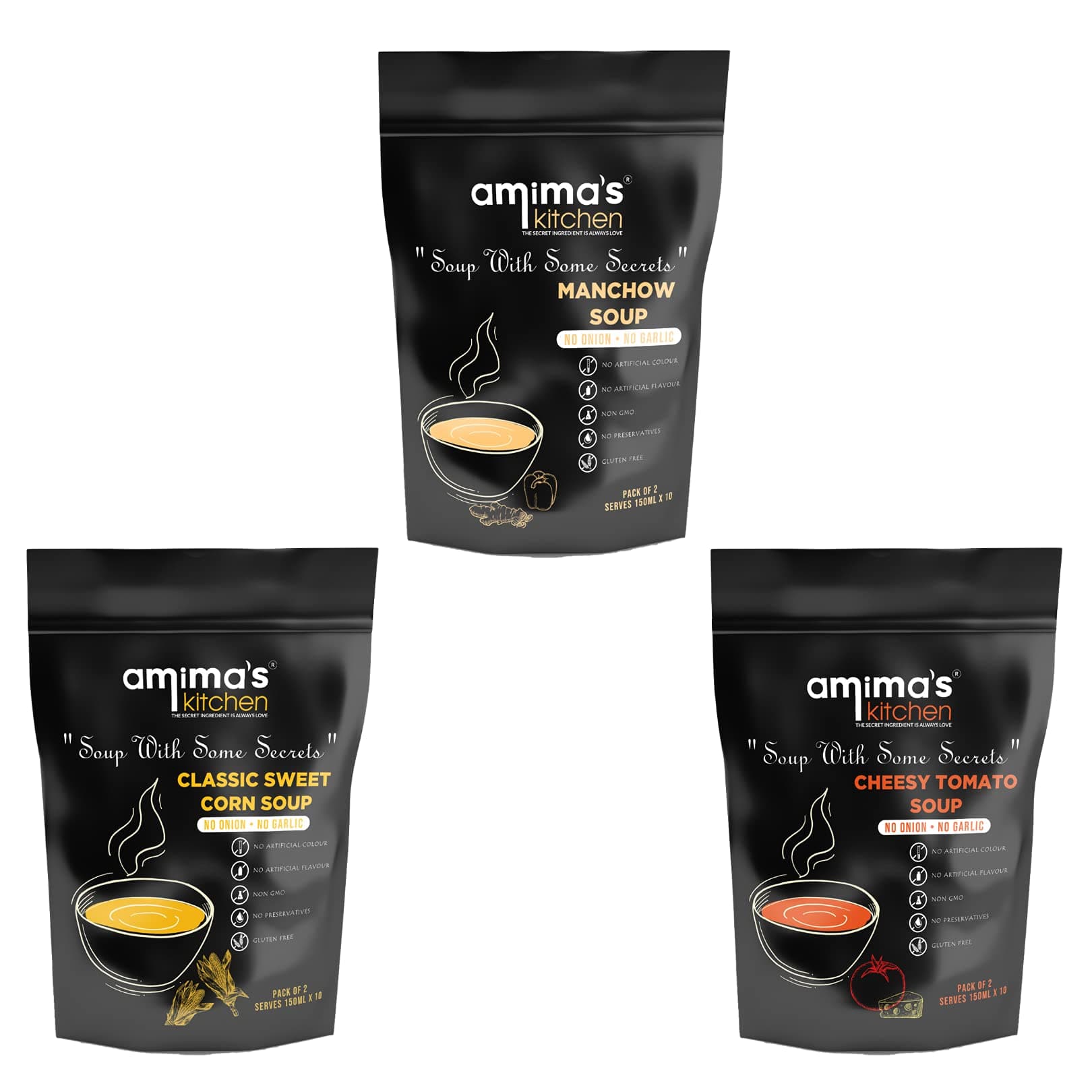 Amima's Kitchen Combo Of Manchow + Classic Sweet Corn + Cheesy Tomato Jain Soup (No Onion No Garlic) - 100 Grams (Pack of 3) | Instant Soup Mix Powder | Ready To Cook | No Artificial Flavour & Colour | Gluten Free | Non GMO | Healthy Soup — image 2