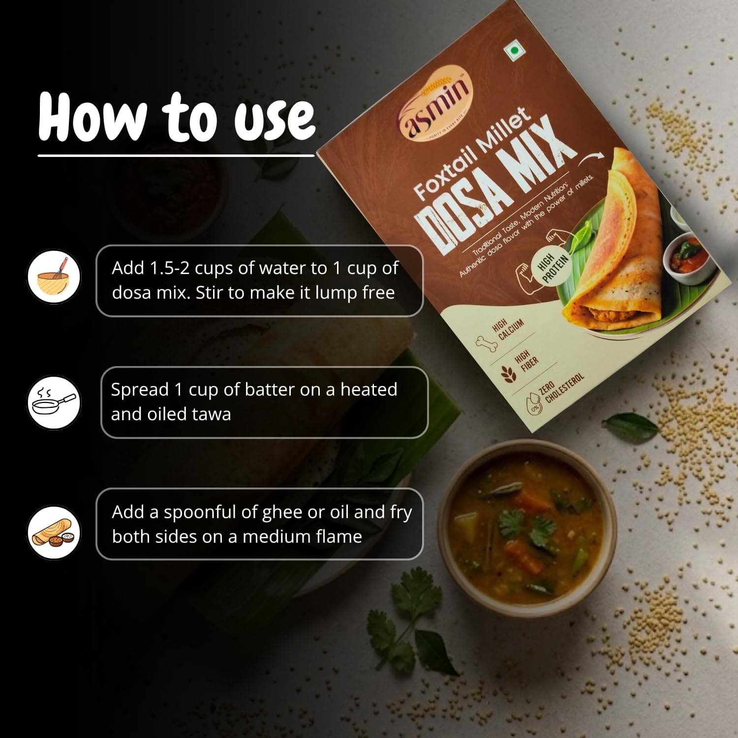 ASMIN Foxtail Millet Dosa Mix 200g | No Maida,No Palm Oil | Zero Cholesterol | No Presevatives | High Protein & High Fiber | Ready to Cook Healthy Millet Dosa Premix — image 5